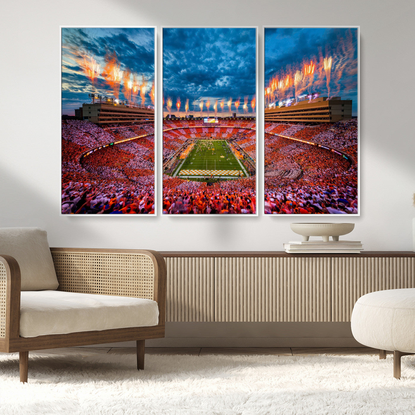 94266219-MGV-FC-48X32-3P_White-Neyland Stadium Wall Art – Tennessee Volunteers Checkerboard Game Day Canvas Print, College Football Fireworks Decor for Man Cave