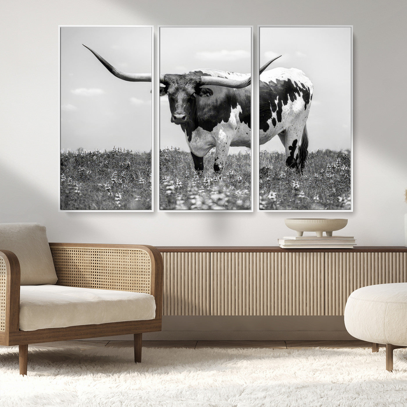 83785-MGV-CV-36X24-Texas Longhorn Wall Art Canvas Print, Framed Horned Bull Art Picture Print, Monochrome Cattle Perfect Rustic Western Decor Artwork