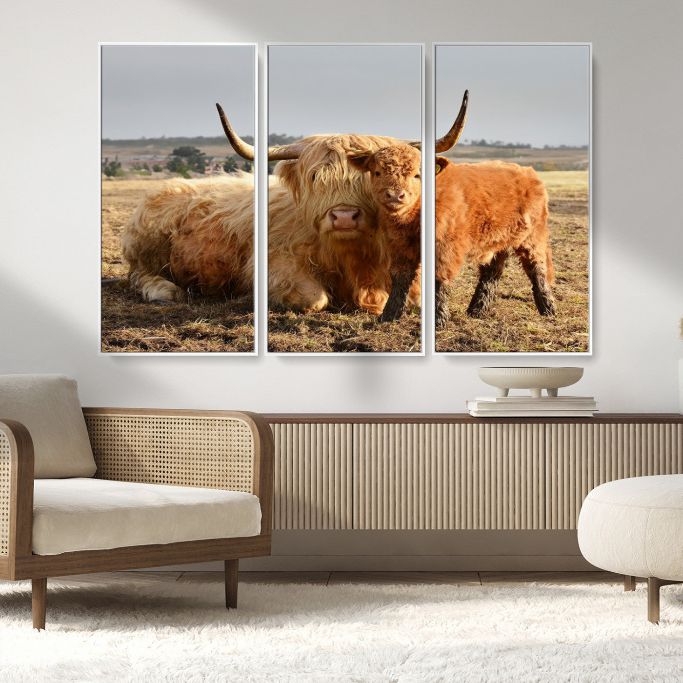 88780-MGV-FC-48X32-3P_White-Highland Cow Wall Art Canvas Print, Framed Cow Calf Art Picture Print, Scottish Cattle Perfect Rustic Farmhouse Decor Artwork