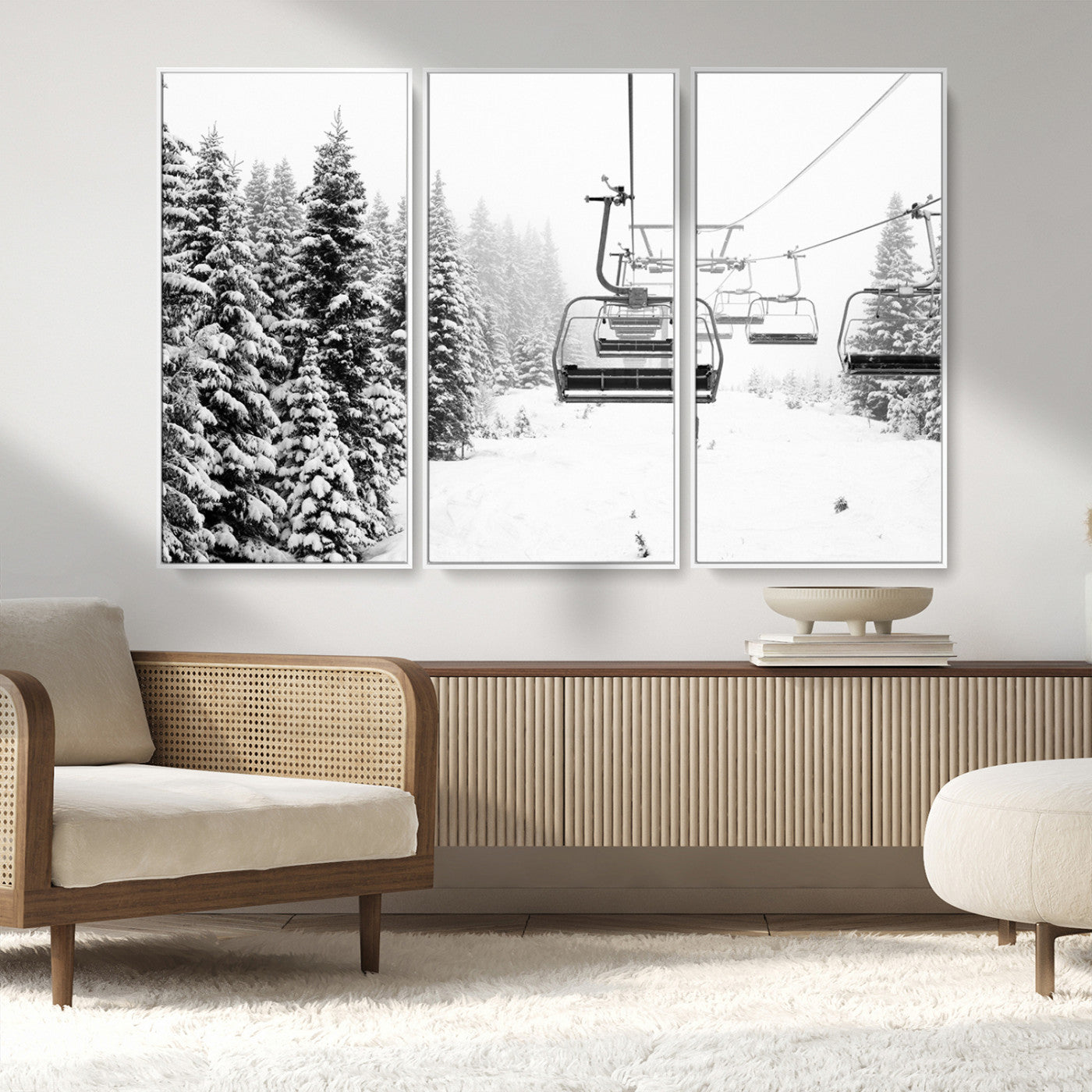 49274-MGV-CV-36X24-Snowy Forest Wall Art Canvas Print, Framed Ski Lift Art Picture Print, Mountain Snow Perfect Minimal Winter Lodge Decor Artwork