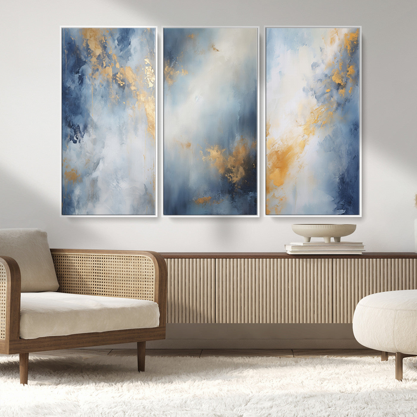 41836-MGV-CV-36X24-Abstract Gold Wall Art Canvas Print, Framed Blue Layers Art Picture Print, Elegant Cloud Perfect Elegant Minimalist Decor Artwork