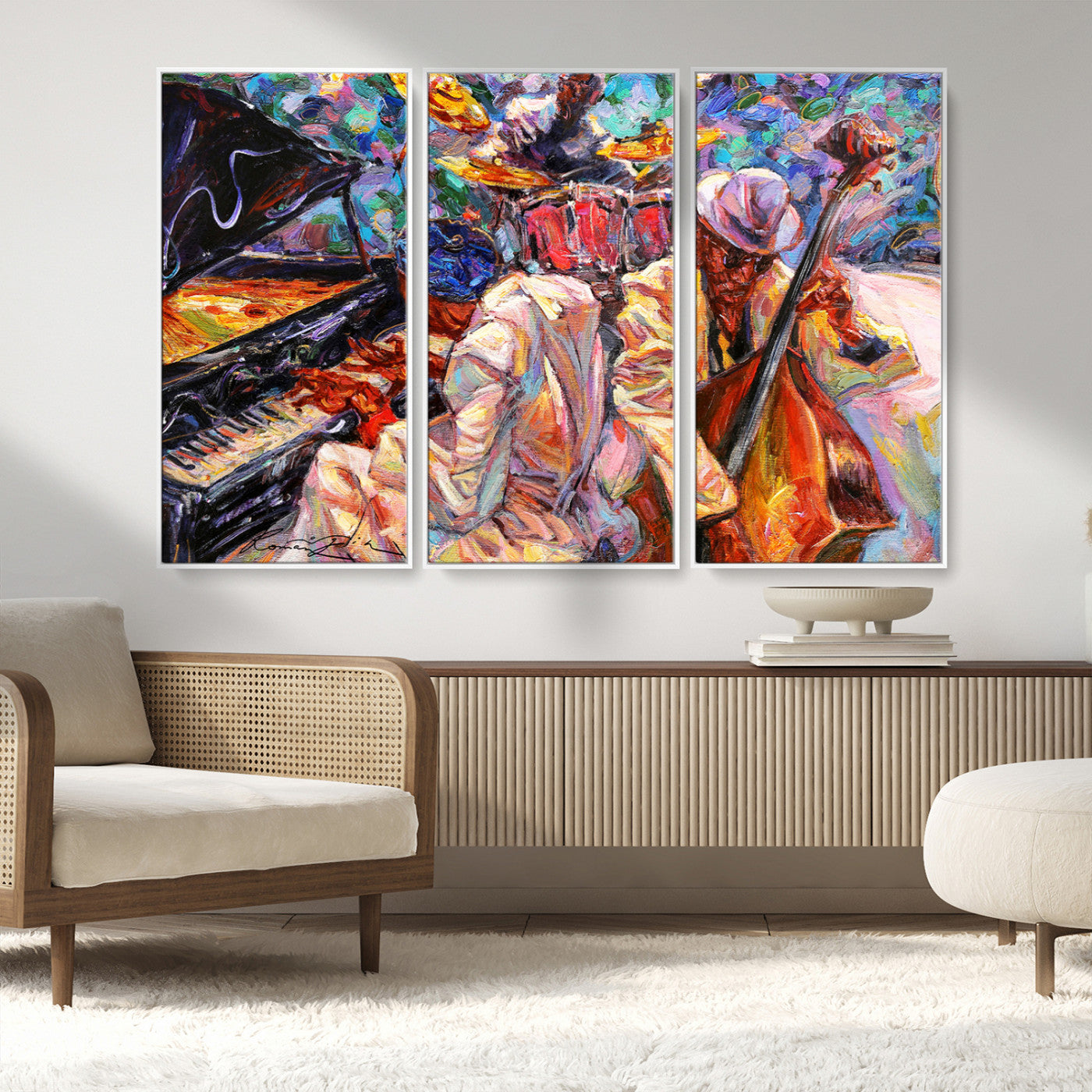 13675-MGV-FC-48X32-3P_White-Jazz Band Wall Art Canvas Print, Framed Jazz Oil Painting Art Picture Print, Vibrant Music Perfect Abstract Musical Decor Artwork