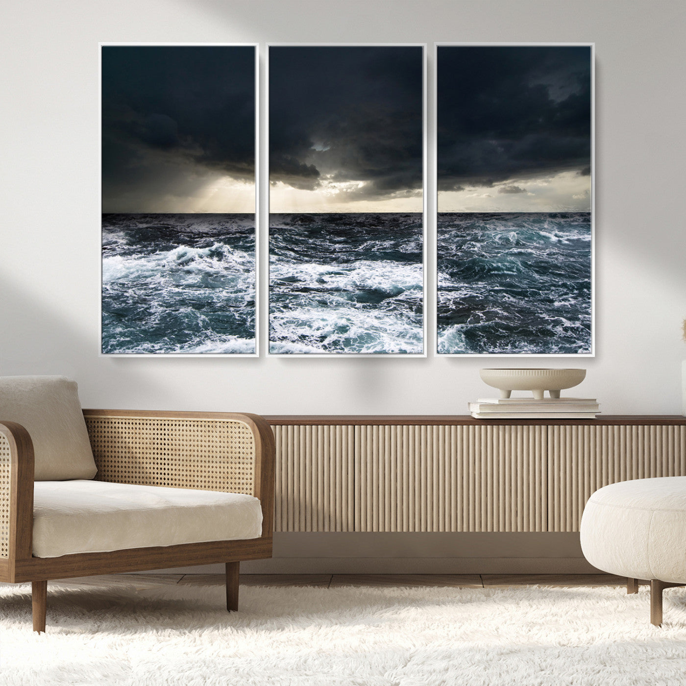 51359-MGV-FC-48X32-3P_White-Stormy Ocean Wall Art Canvas Print, Framed Moody Seascape Art Picture Print, Ocean Storm Perfect Dramatic Coastal Decor Artwork