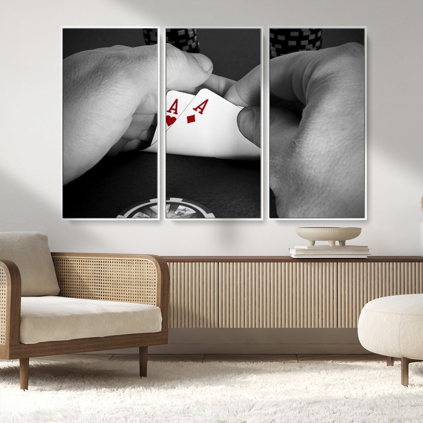 62460-MGV-FC-48X32-3P_White-Poker Game Wall Art – Close Up of Hands Holding Aces with Chips, Casino Style Decor for Game Room, Man Cave or Office