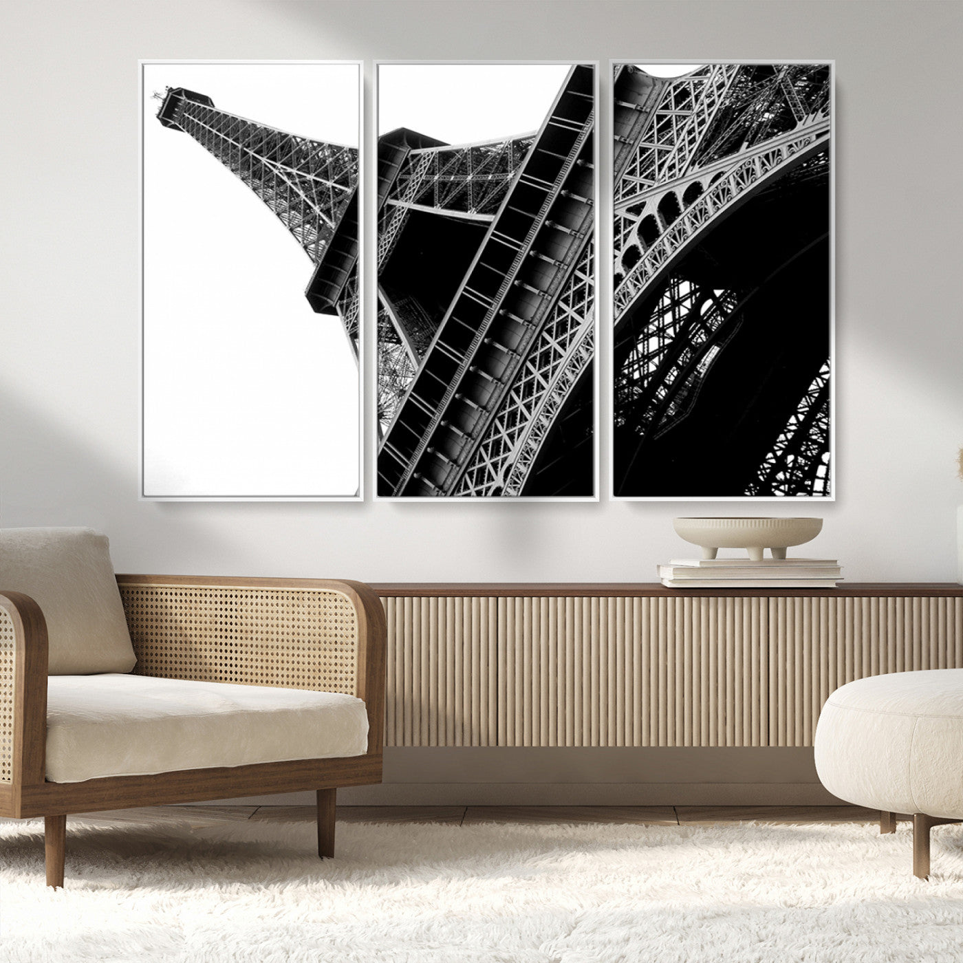 89033-MGV-FC-48X32-3P_White-Eiffel Tower Wall Art – Dramatic Black and White Architectural Canvas Print, Modern Paris Decor for Office, Living Room or
