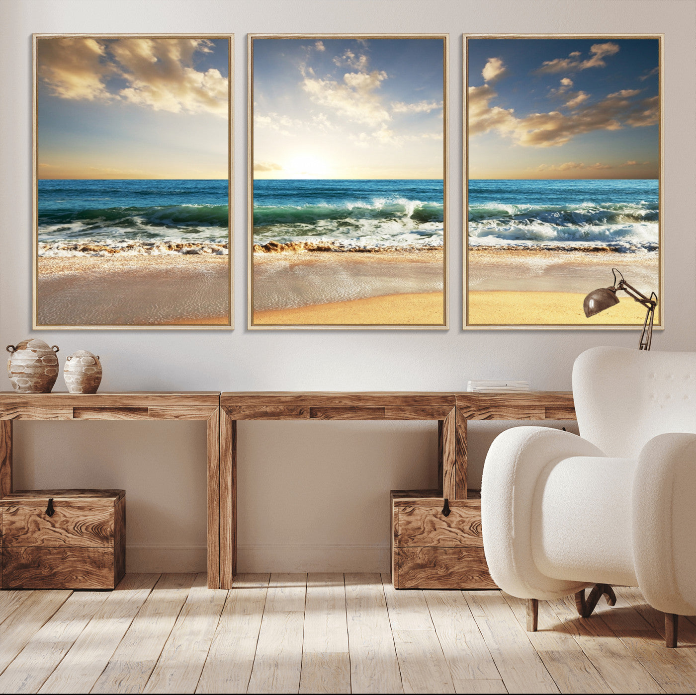 13139-MGV-CV-36X24-Sunrise Beach Wall Art – Ocean Waves and Golden Sand Canvas Print, Coastal Home Decor for Living Room, Bedroom, or Office