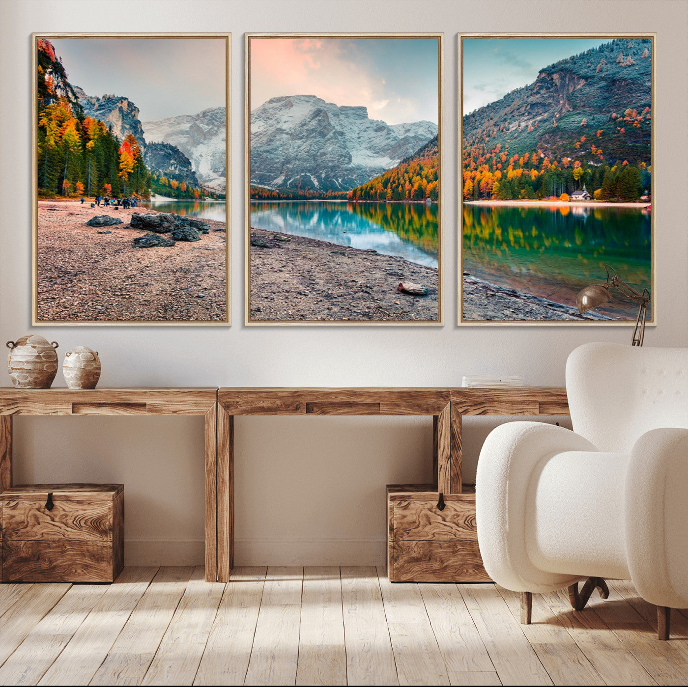 25982-MGV-CV-36X24-Autumn Mountain Lake Wall Art – Panoramic Fall Foliage and Snowy Peaks Canvas Print, Scenic Nature Decor for Living Room or Office