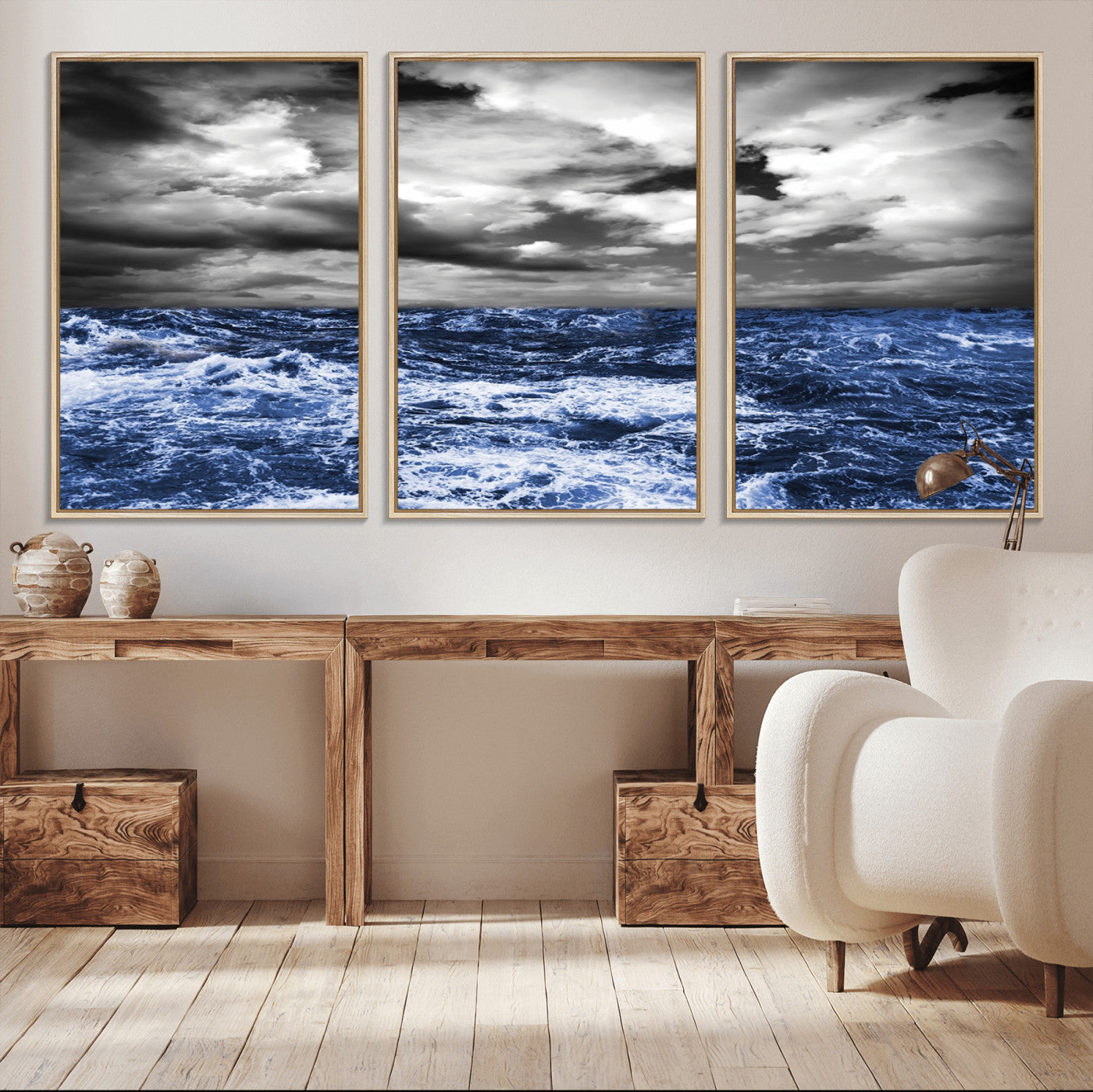 36012-MGV-CV-36X24-Dramatic Stormy Ocean Waves Black and White with Deep Blue Highlights – Moody Seascape Wall Art, Nature Photography Print for Home