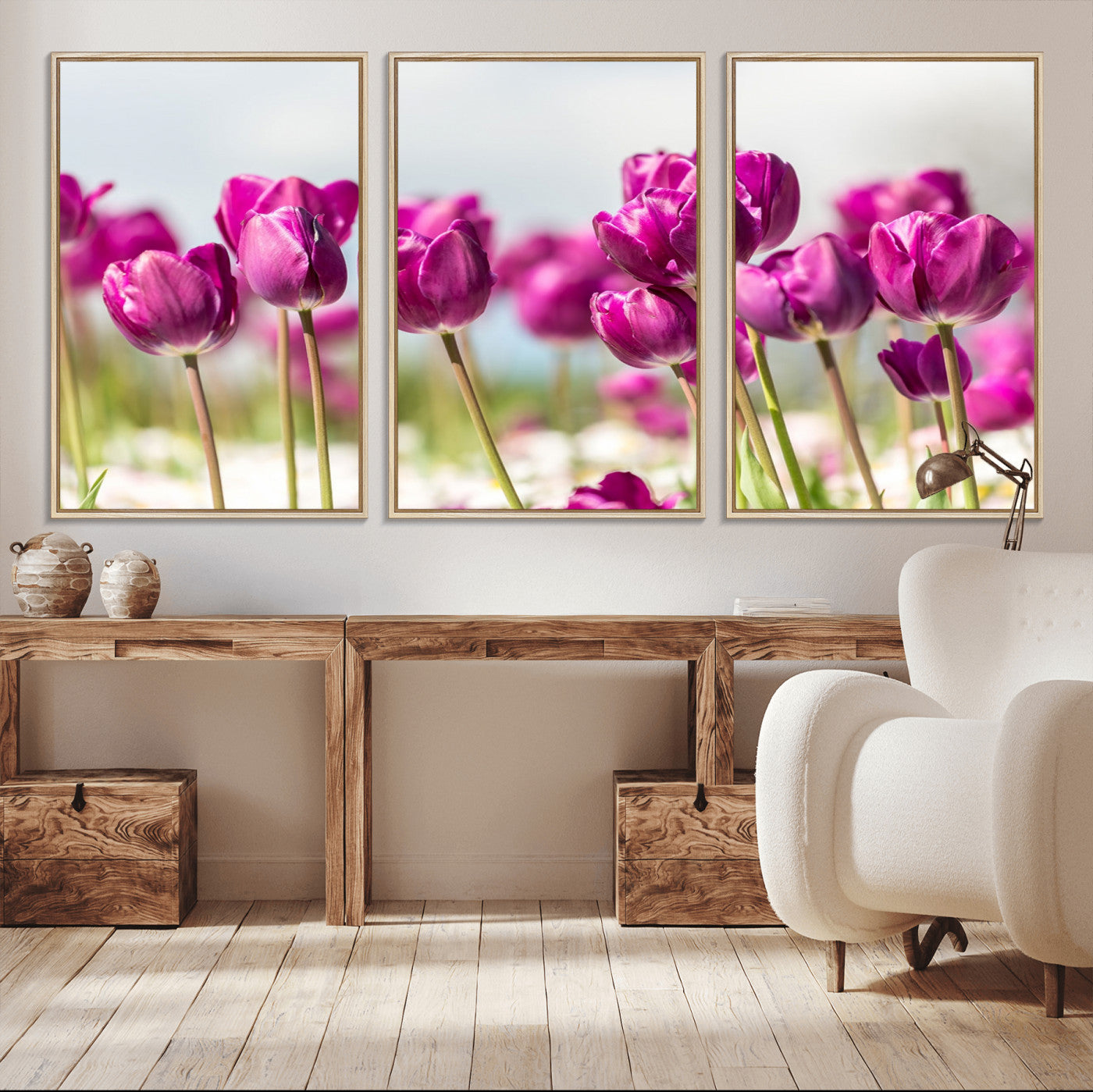 30632-MGV-CV-36X24-Purple Tulip Field Wall Art – Beautiful Spring Flowers Canvas Print with Soft Focus and Bright Sky, Ideal Floral Decor for Home or