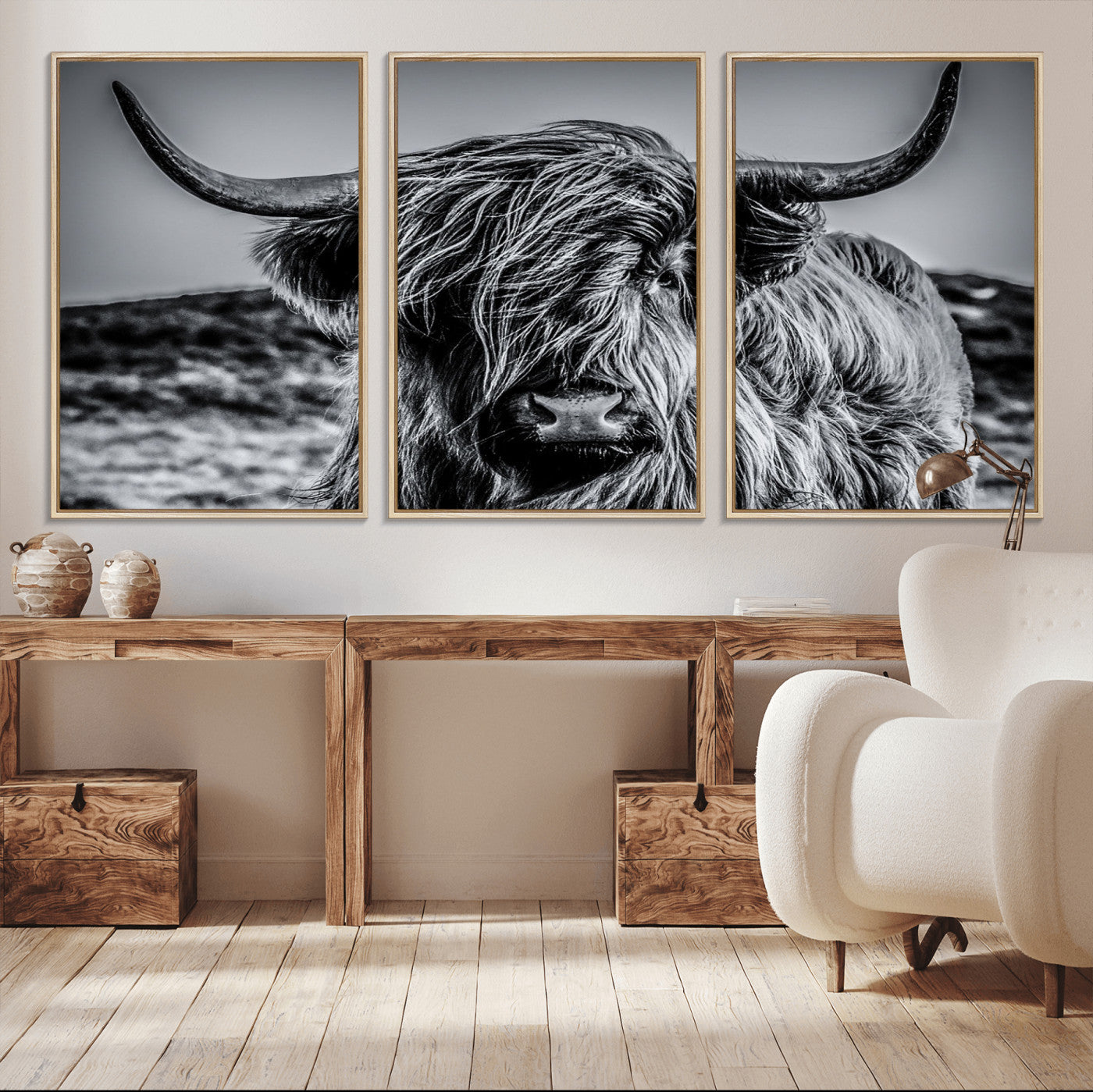97372-MGV-FC-60X30-3P_Natural-Elegant Highland Cow Wall Art – Black and White Canvas Print, Rustic Nature Decor for Home, Office, Living Room or Man Cave