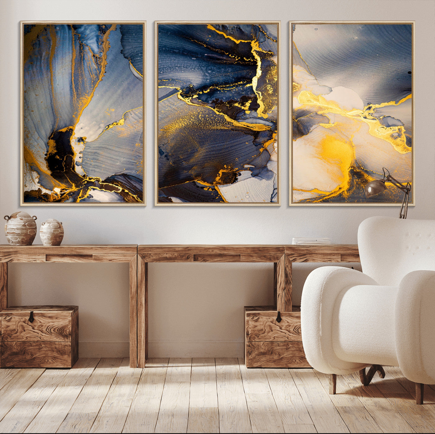 42100-MGV-FC-60X30-3P_Natural-Golden Flow Abstract Wall Art – Panoramic Modern Blue and Gold Canvas Print, Contemporary Artistic Decor for Home, Office