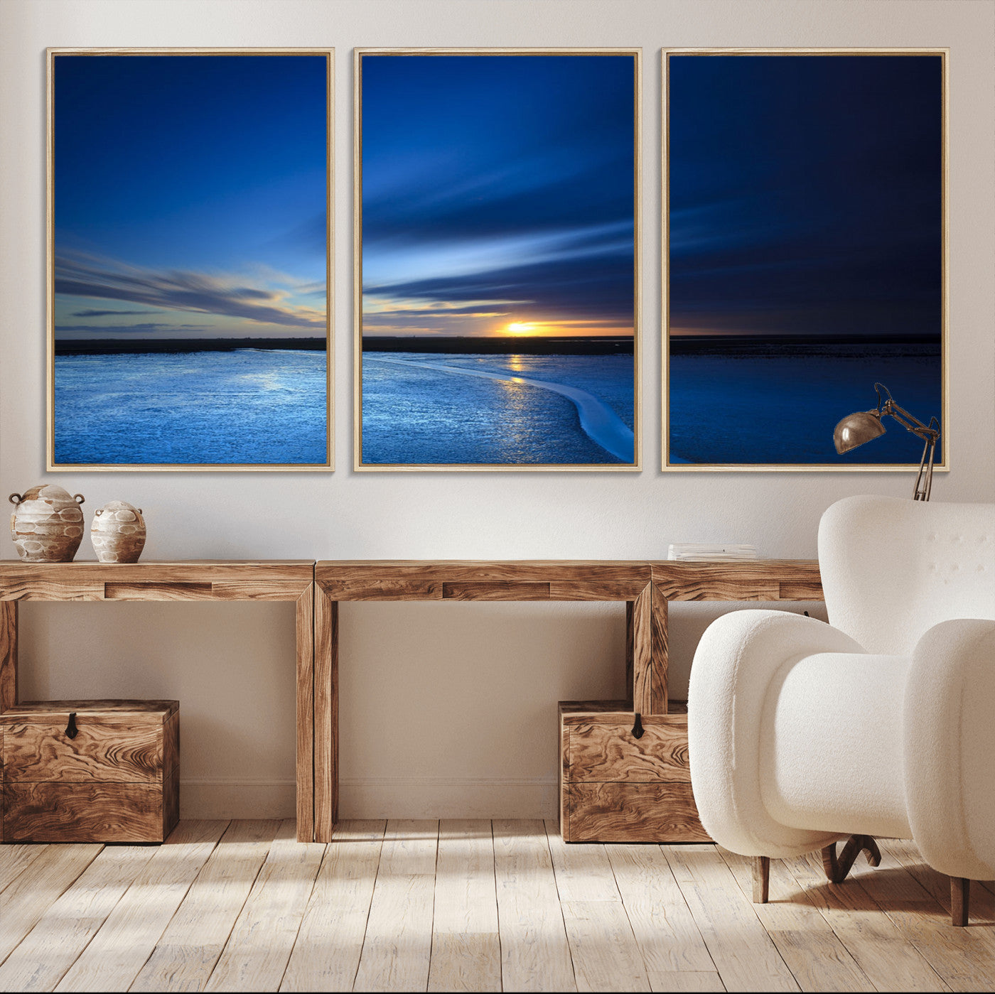 65405-MGV-CV-36X24-Blue Sunrise Seascape Wall Art – Tranquil Ocean Horizon Canvas Print with Golden Sunlight and Deep Sky, Coastal Landscape Decor
