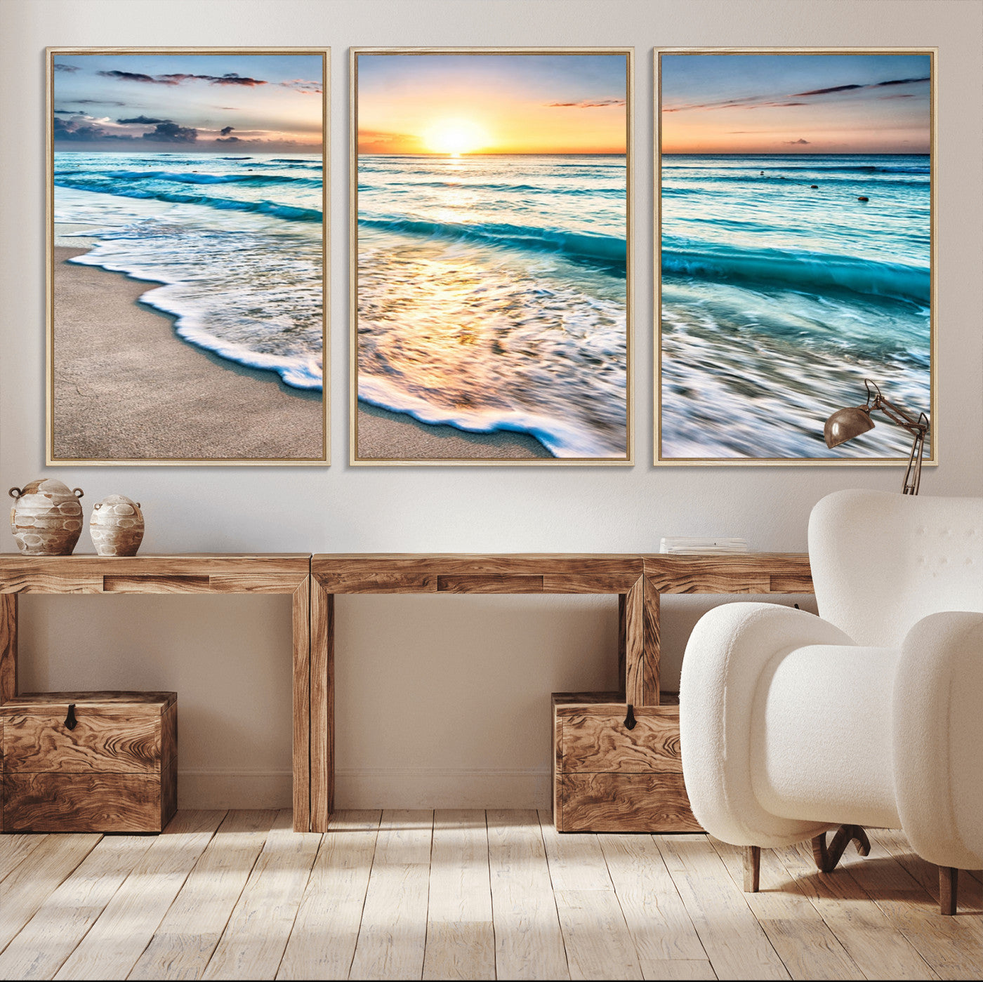 27815-MGV-CV-36X24-Ocean Sunrise Beach Wall Art – Serene Coastal Canvas Print with Waves and Golden Morning Light, Relaxing Seascape Decor for