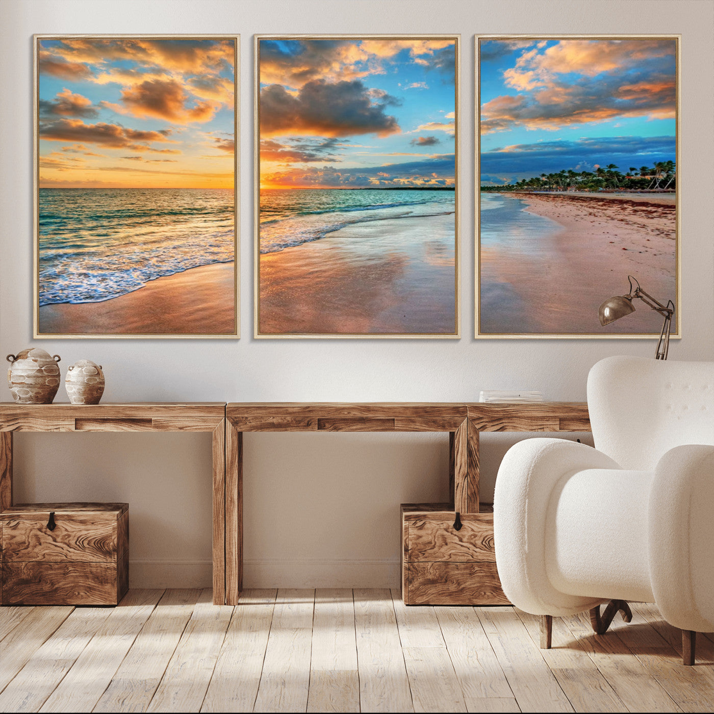 41572-MGV-CV-36X24-Sunset Beach Wall Art – Ocean Waves and Palm Trees Canvas Print, Tropical Coastal Sunset Seascape Decor for Living Room, Bedroom