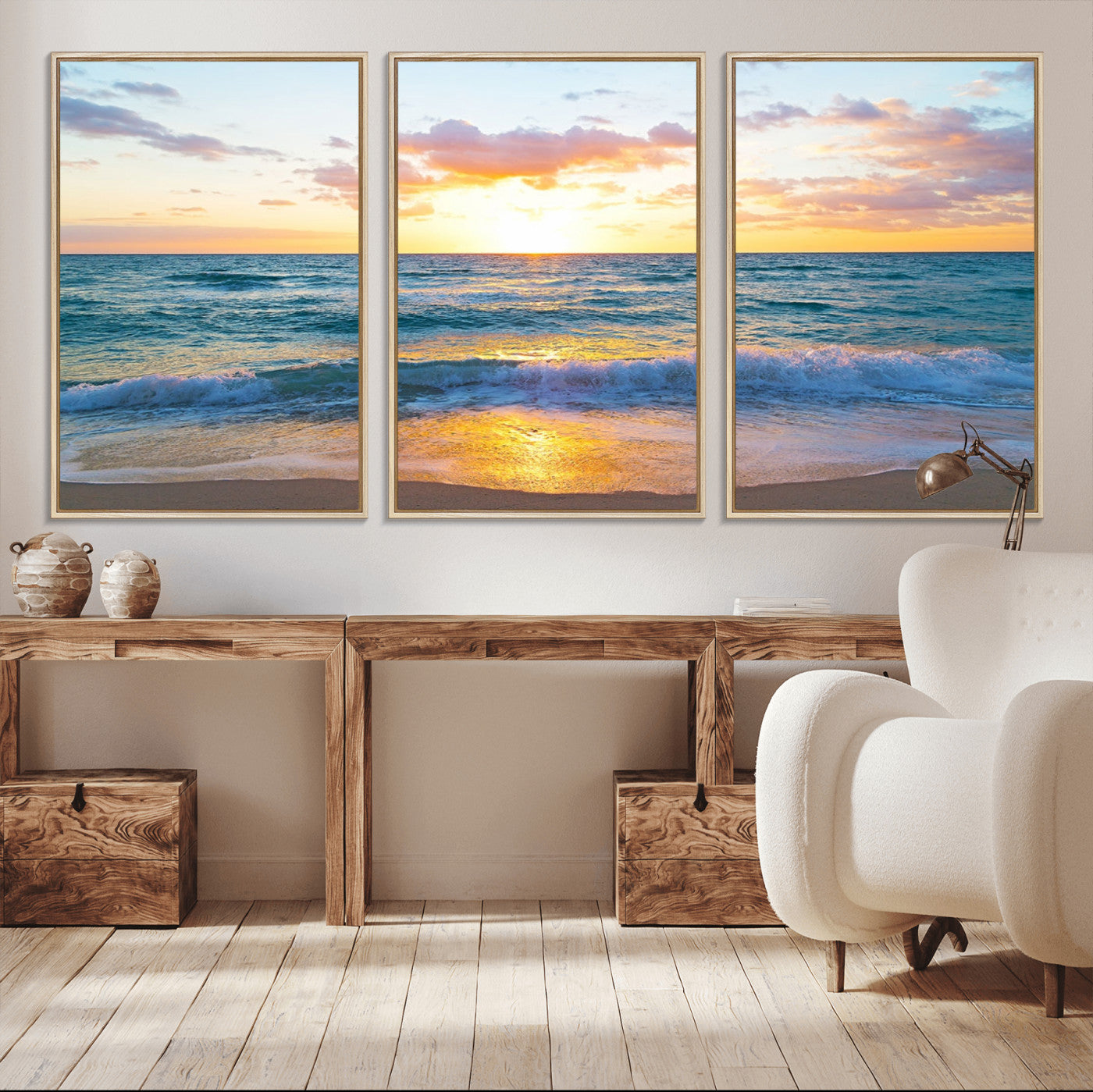 78006-MGV-CV-36X24-Golden Sunrise Ocean Wall Art – Panoramic Beach Waves Canvas Print, Coastal Seascape Artwork for Living Room, Bedroom, Office, or