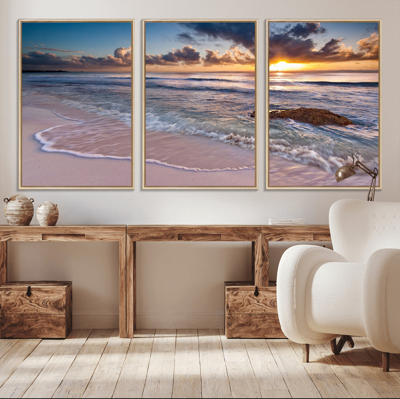 94906-MGV-CV-36X24-Sunrise Beach Wall Art – Panoramic Ocean Waves Canvas Print, Coastal Sunset Seascape Artwork for Living Room, Bedroom, or Office
