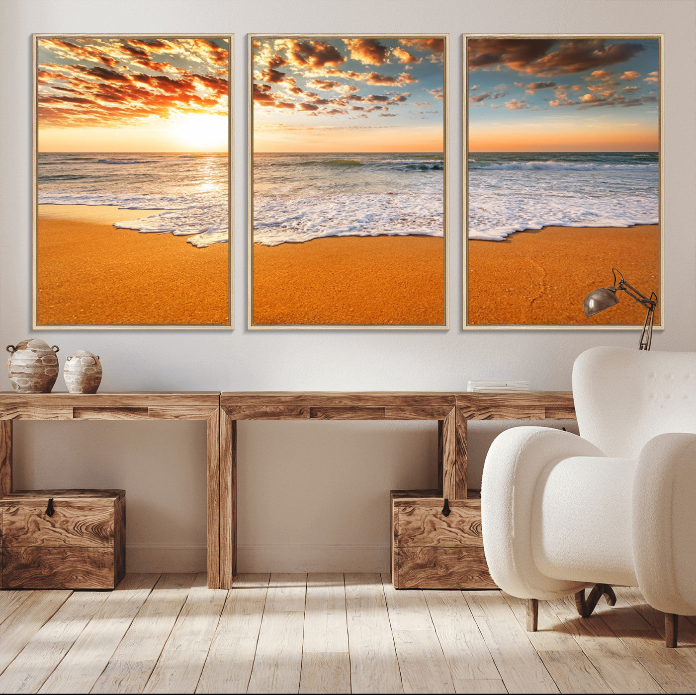 15399-MGV-CV-36X24-Golden Sunrise Beach Wall Art – Ocean Waves on Sandy Shore Canvas Print, Coastal Seascape Decor for Living Room or Bedroom