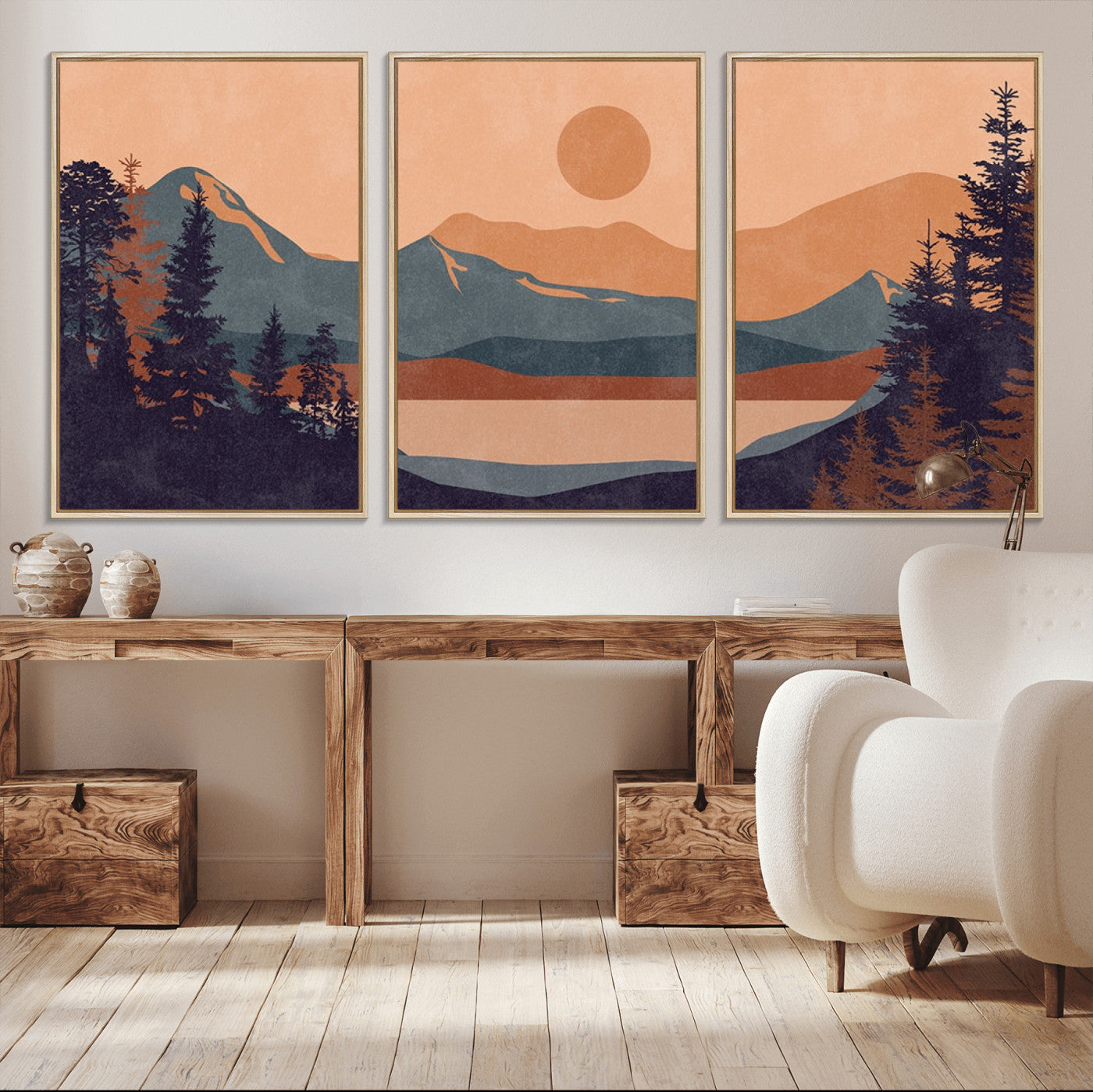 62795-MGV-CV-36X24-Minimalist Mountain Landscape Wall Art – Abstract Sunset Over Peaks and Pine Trees Canvas Print, Modern Nature Decor for Living