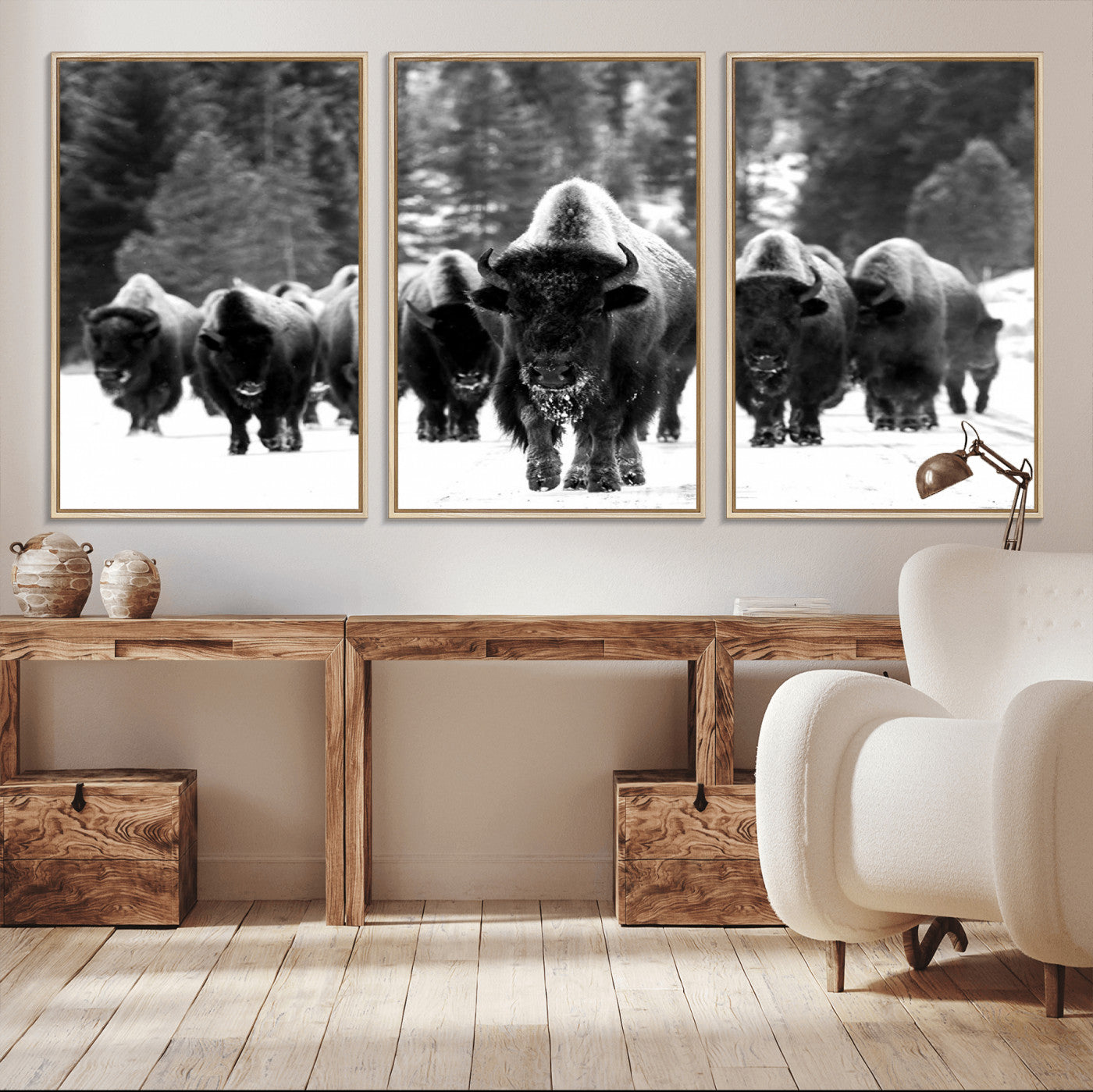 62434-MGV-CV-36X24-Bison Herd Wall Art – Majestic Black and White Buffalo Canvas Print, Wildlife Nature Photography Decor for Living Room, Office or