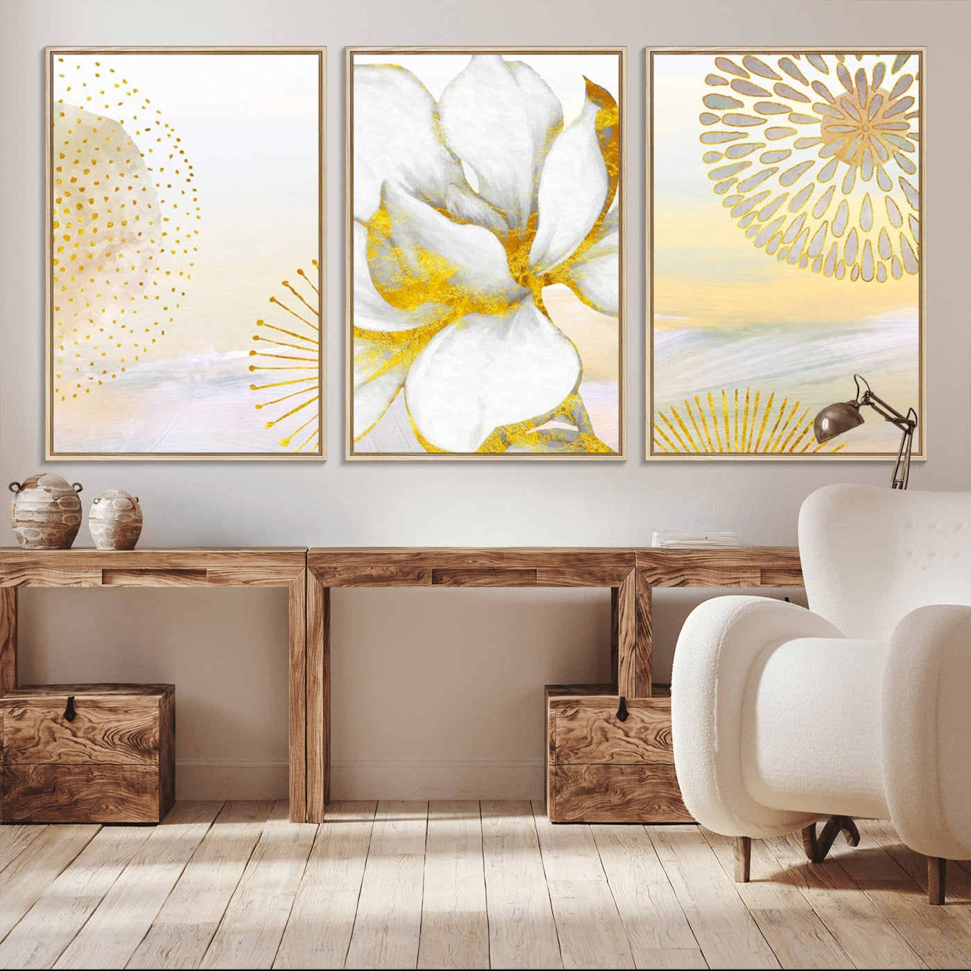 82301-MGV-CV-60X30-3P-Modern Floral Wall Art – White Flower with Gold Detailing Canvas Print, Elegant Abstract Artwork for Living Room, Bedroom, or