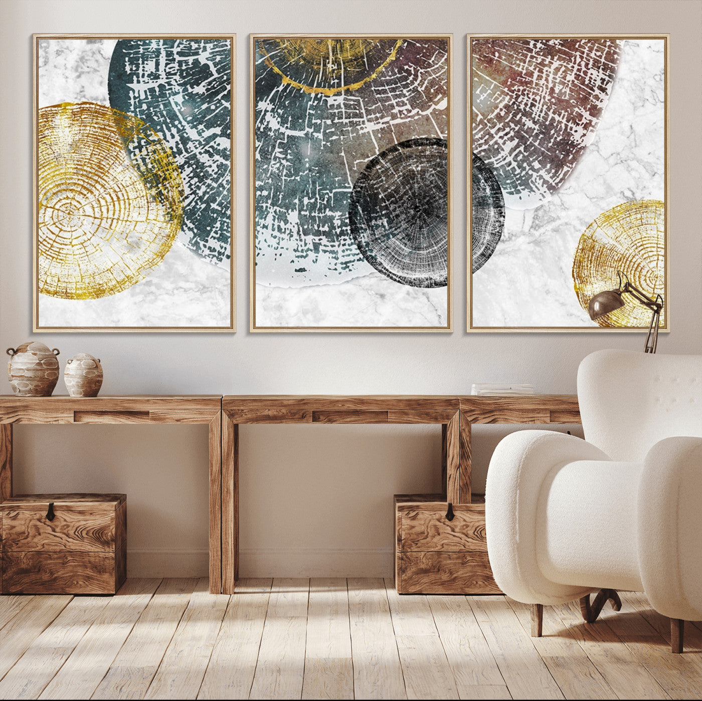 70653-MGV-CV-60X30-3P-Abstract Tree Ring Wall Art – Modern Rustic Wood Slice Canvas Print with Gold Accents, Contemporary Nature Decor for Living Room,