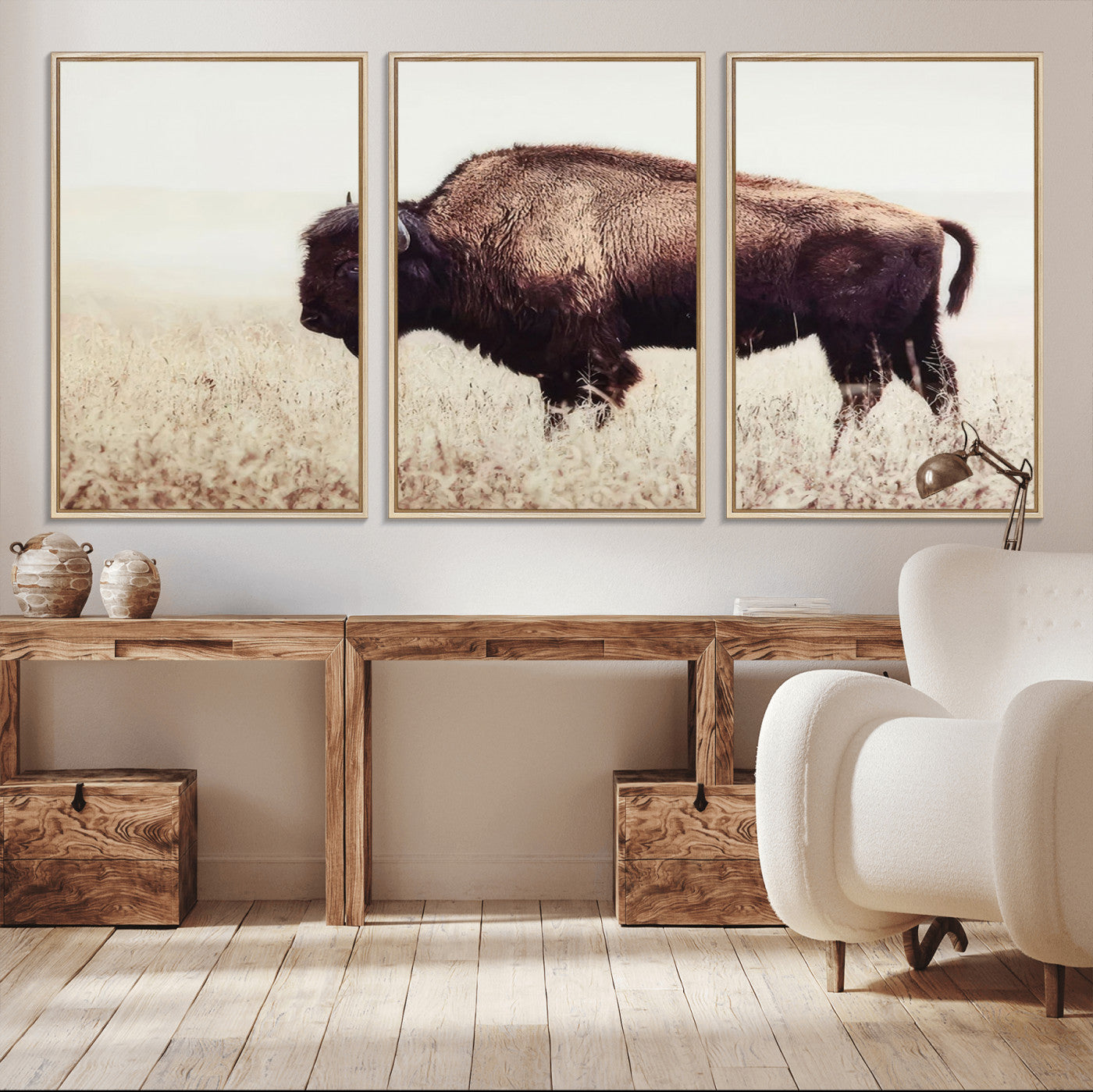 48406-MGV-CV-36X24-American Bison Wall Art – Rustic Buffalo Canvas Print in Prairie Field, Western Wildlife Photography Decor for Cabin, Lodge,