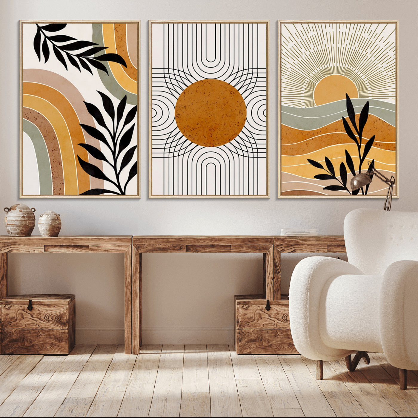 44668-MGV-CV-60X30-3P-Mid Century Modern Wall Art – Abstract Sun and Rainbow Canvas Print, Minimalist Geometric Boho Decor for Living Room, Bedroom or