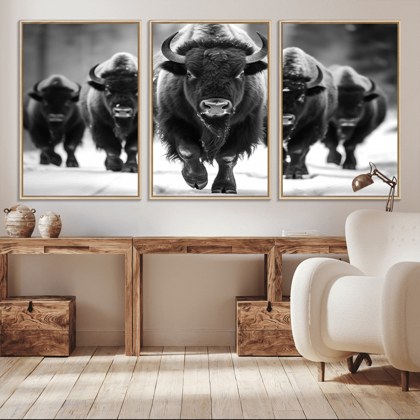 79872-MGV-CV-36X24-Bison Herd Wall Art – Black and White Buffalo on Snow Canvas Print, Rustic Wildlife Decor for Lodge, Cabin, or Living Room