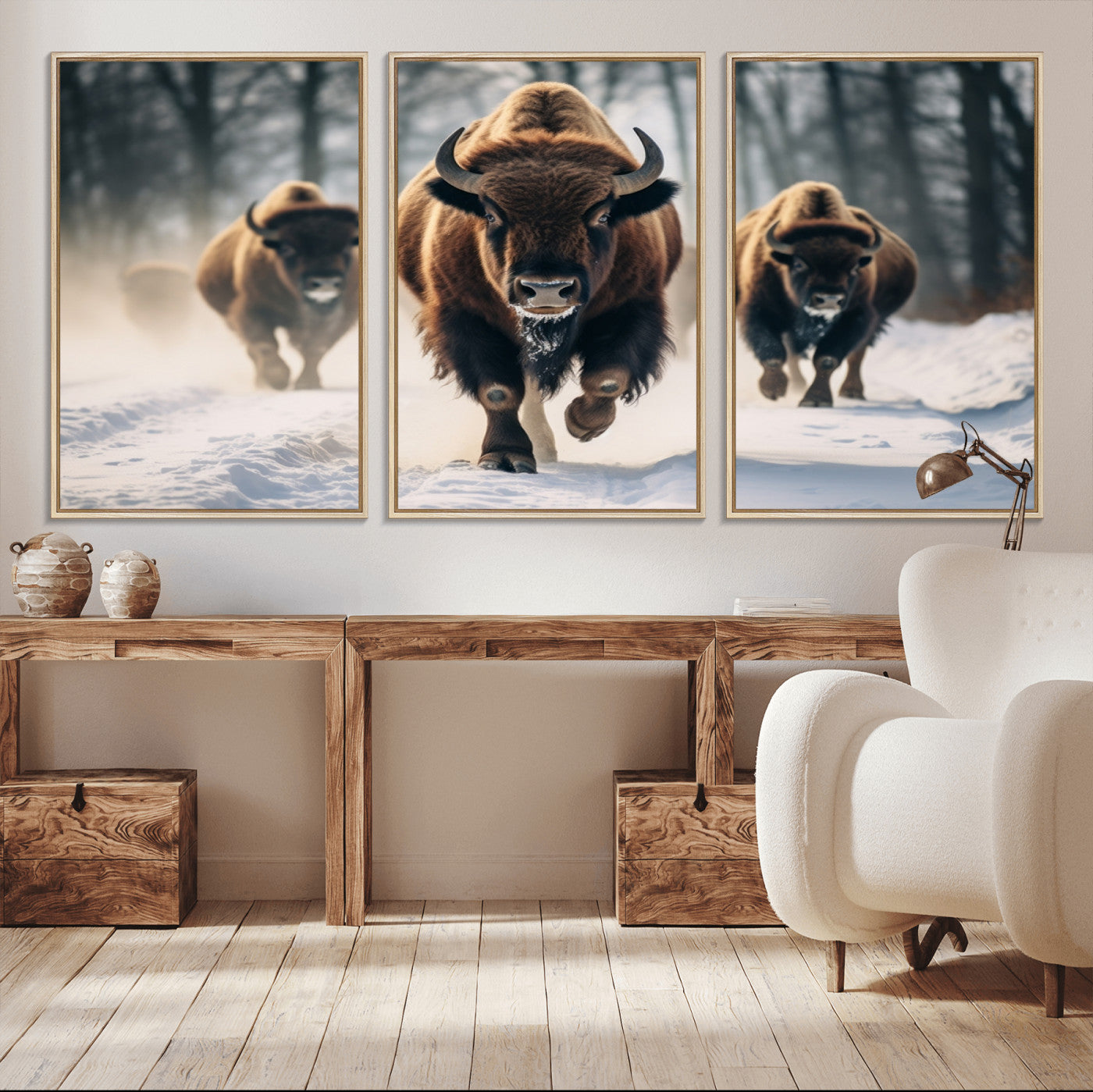 56549-MGV-CV-36X24-Wild Bison Wall Art – Majestic Buffalo Herd Running in Snow Canvas Print, Rustic Wildlife Photography Decor for Cabin, Lodge, or