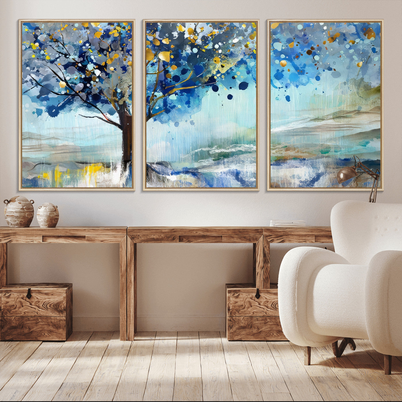 17018-MGV-CV-36X24-Abstract Blue Tree Wall Art – Colorful Canvas Painting with Gold and Silver Accents, Modern Nature Artwork for Living Room,