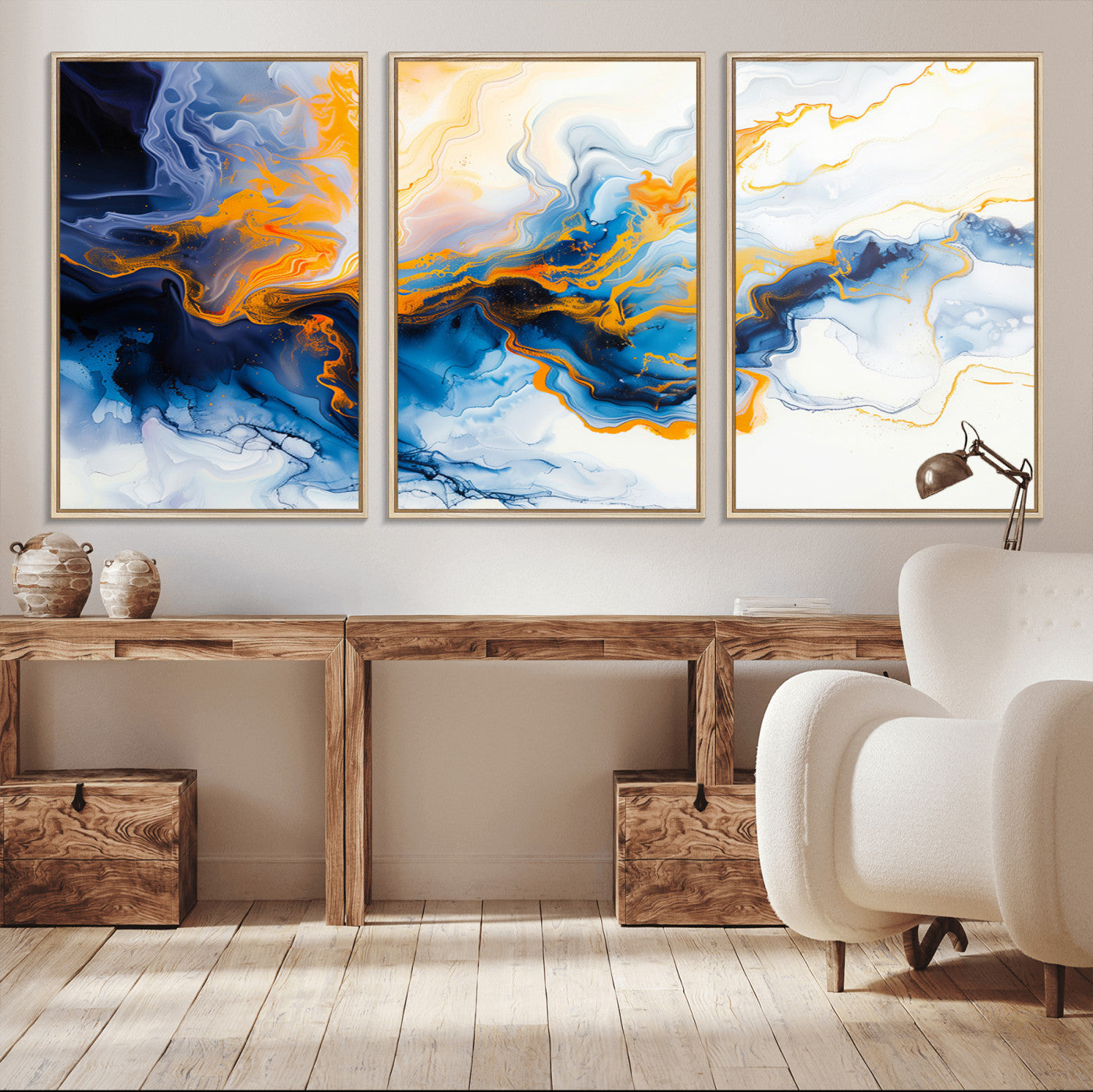 83720-MGV-FC-60X30-3P_Natural-Abstract Fluid Wall Art – Blue, White and Gold Swirl Canvas Painting, Modern Contemporary Artwork for Living Room, Bedroom or