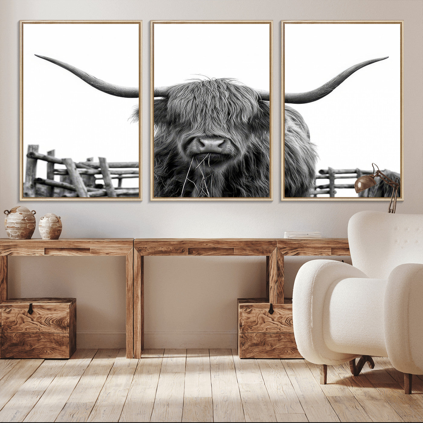 58188-MGV-CV-36X24-Highland Cow Wall Art – Black and White Rustic Farmhouse Canvas Print, Longhorn Cattle Photography Decor for Living Room or