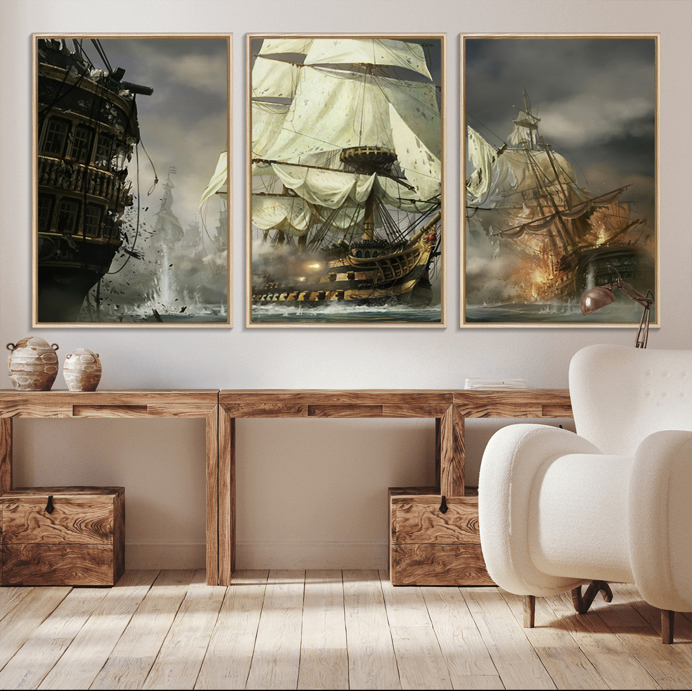 26512-MGV-CV-36X24-Naval Battle Wall Art – Dramatic Tall Ship Canvas Print, Historic Pirate Sailing War Scene, Nautical Decor for Office, Study or
