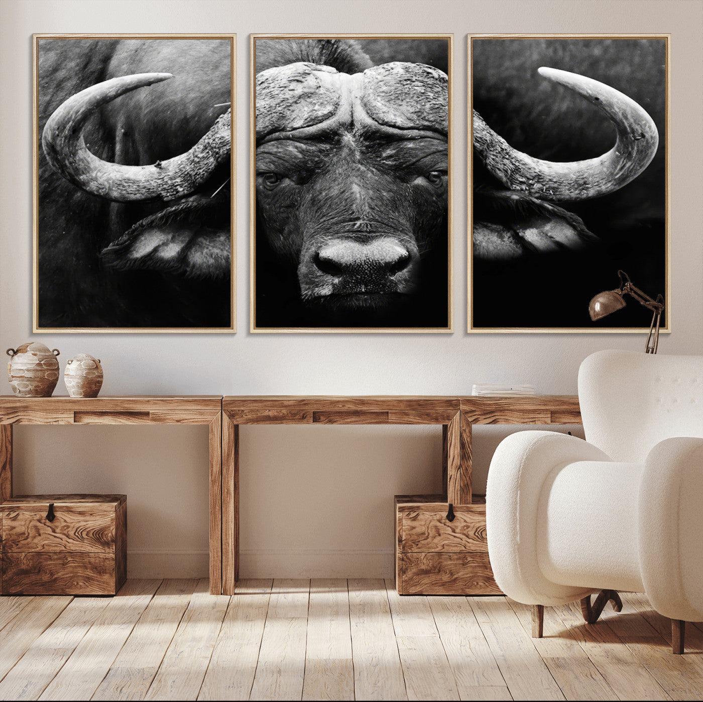 75273-MGV-CV-36X24-Buffalo Wall Art – Black and White African Buffalo Canvas Print, Rustic Wildlife Animal Artwork for Farmhouse, Living Room,
