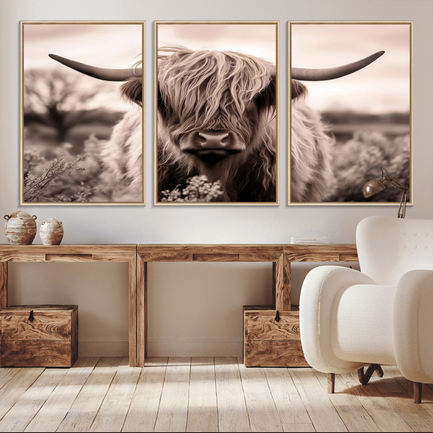 55903-MGV-CV-36X24-Highland Cow Wall Art – Rustic Sepia Scottish Highland Bull Canvas Print, Farmhouse Country Animal Decor for Living Room, Bedroom