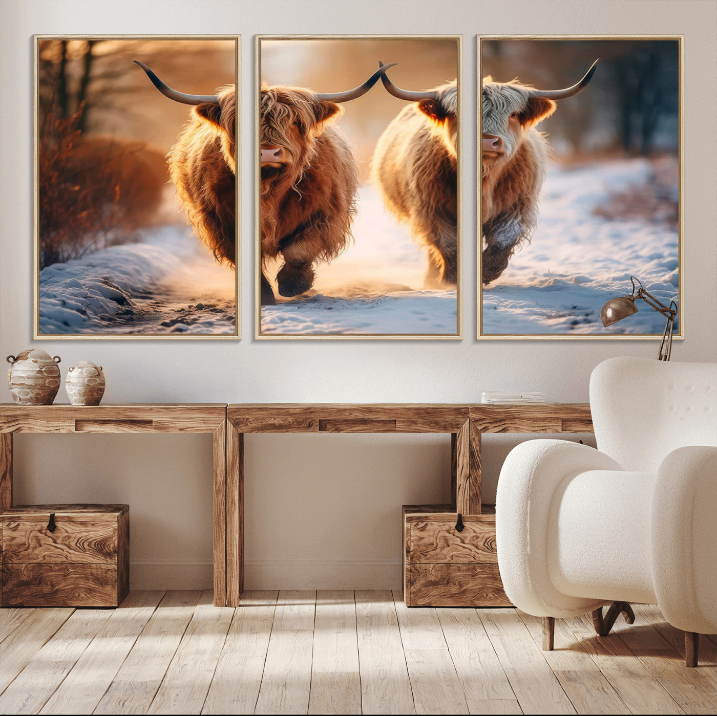 50490-MGV-CV-36X24-Highland Cow Wall Art – Rustic Panoramic Canvas Print Two Cattle Snowy Landscape, Farmhouse Country Decor for Living Room Office
