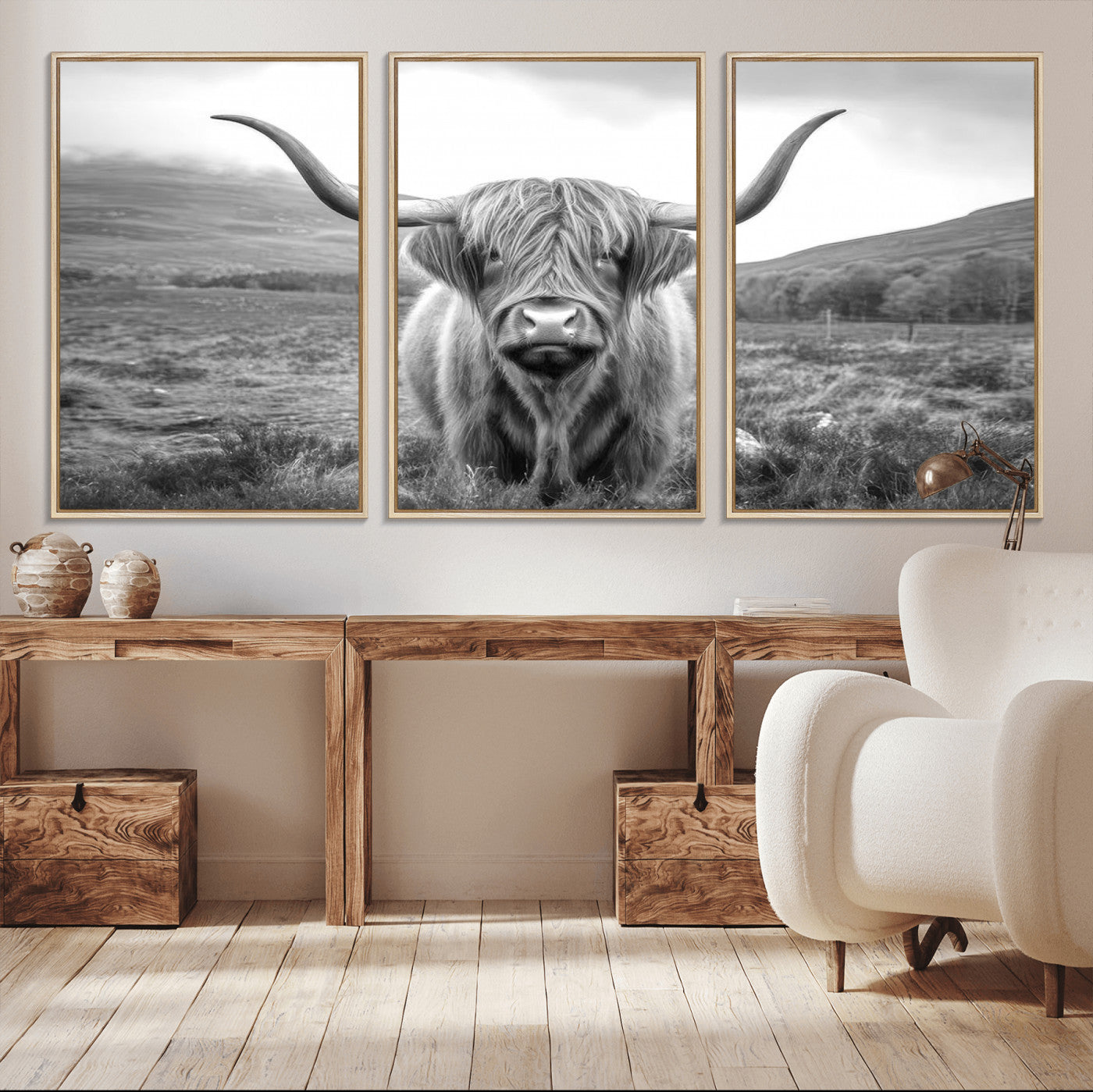 52903-MGV-CV-36X24-Highland Cow Wall Art – Black and White Canvas Print Rustic Cattle Portrait, Farmhouse Country Decor for Living Room, Office,