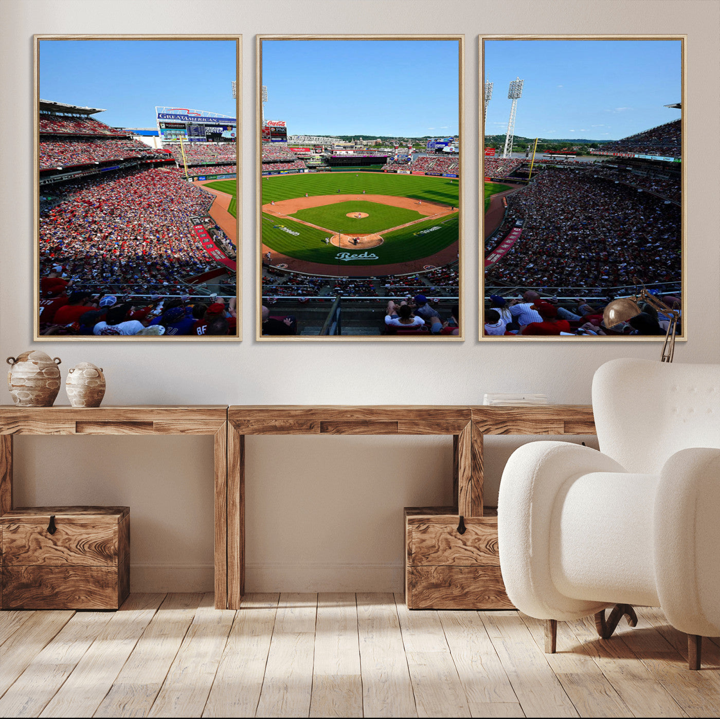 90998-MGV-CV-36X24-Baseball Stadium Wall Art – Canvas Print Day Game Field Packed Crowd Bright Blue Sky Sports Photography, Classic Decor for Game