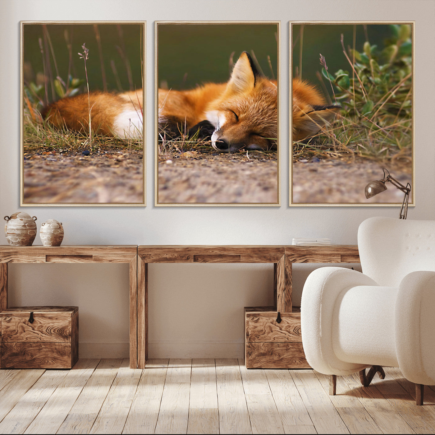 25085-MGV-CV-36X24-Sleeping Fox Wall Art Canvas Print, Framed Rustic Fox Art Picture Print, Wildlife Animal Perfect Rustic Farmhouse Decor Artwork