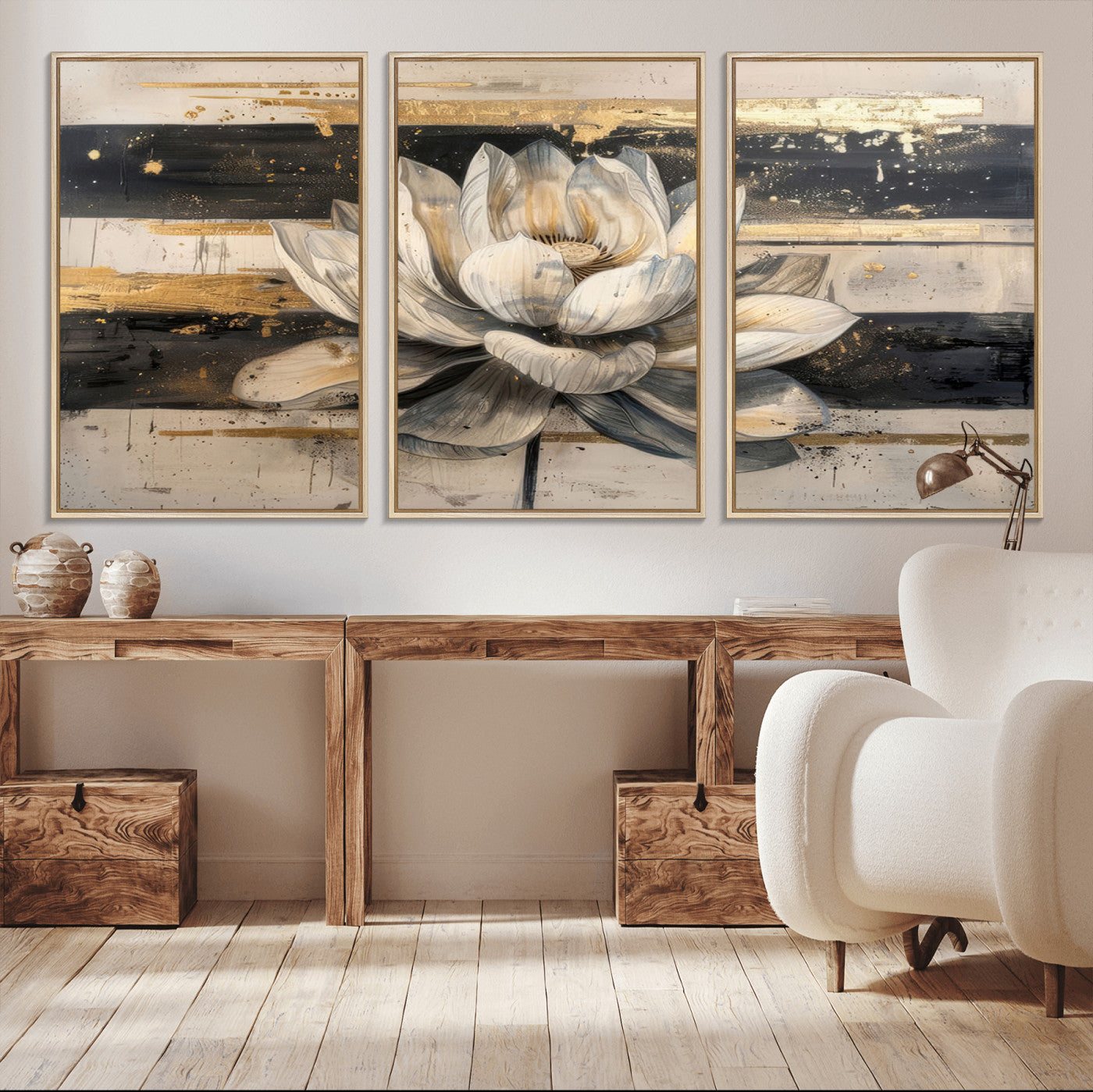 18807-MGV-CV-36X24-Lotus Flower Wall Art Canvas Print, Framed Abstract Lotus Art Picture Print, White Lotus Flower Perfect Abstract Floral Decor