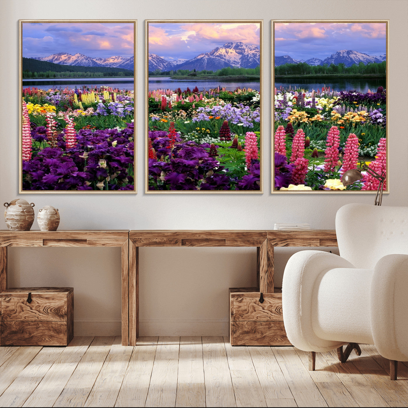 82270-MGV-CV-36X24-Colorful Wildflower Meadow Landscape Wall Art – Snow-Capped Mountain Lake Sunset Print, Vibrant Nature Artwork for Living Room,