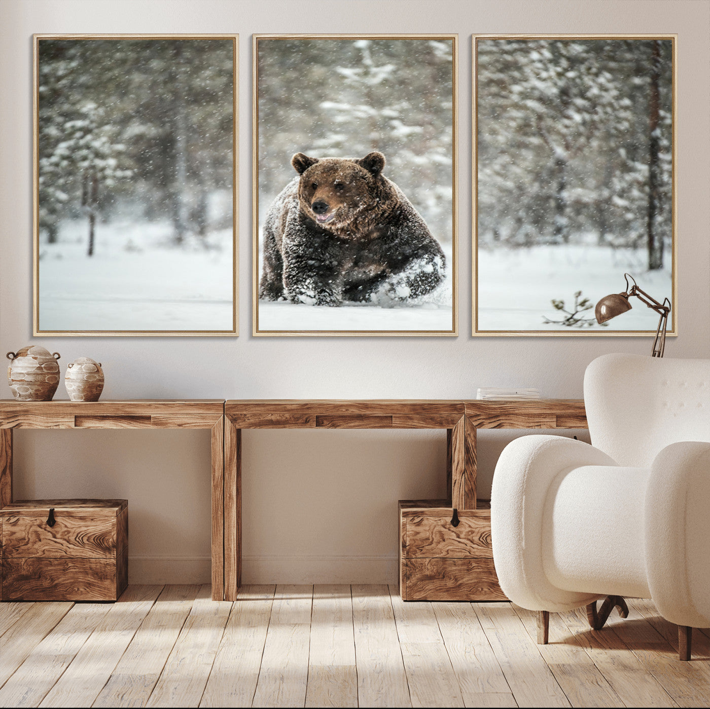 43350-MGV-CV-36X24-Wild Bear in Snow Wall Art – Majestic Wildlife Photography Print, Winter Forest Nature Decor for Cabin, Lodge, Rustic Home,