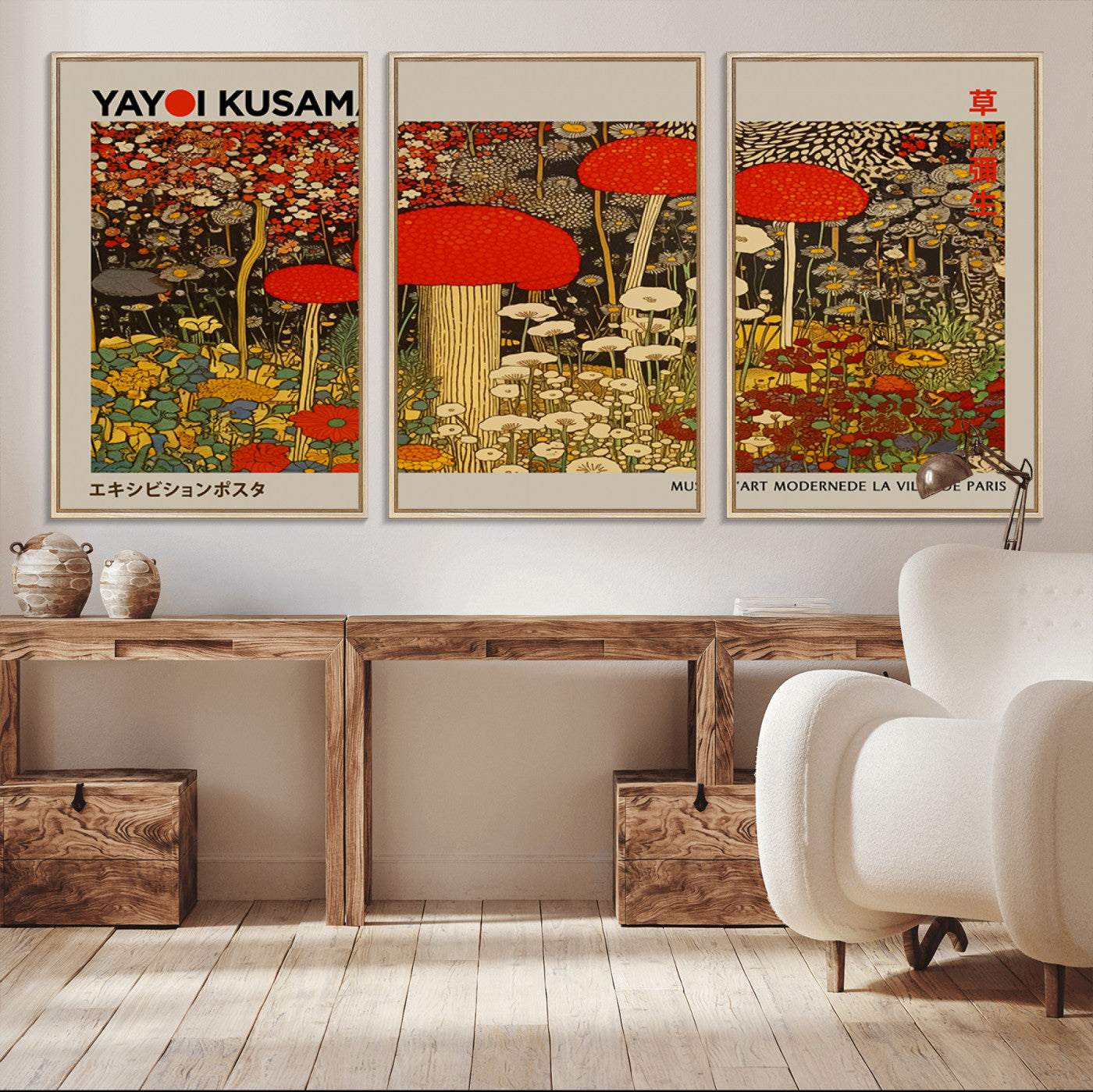 38013-MGV-CV-36X24-Yayoi Kusama Inspired Mushroom Garden Wall Art – Whimsical Botanical Canvas Print, Surreal Nature Poster, Fantasy Floral Artwork