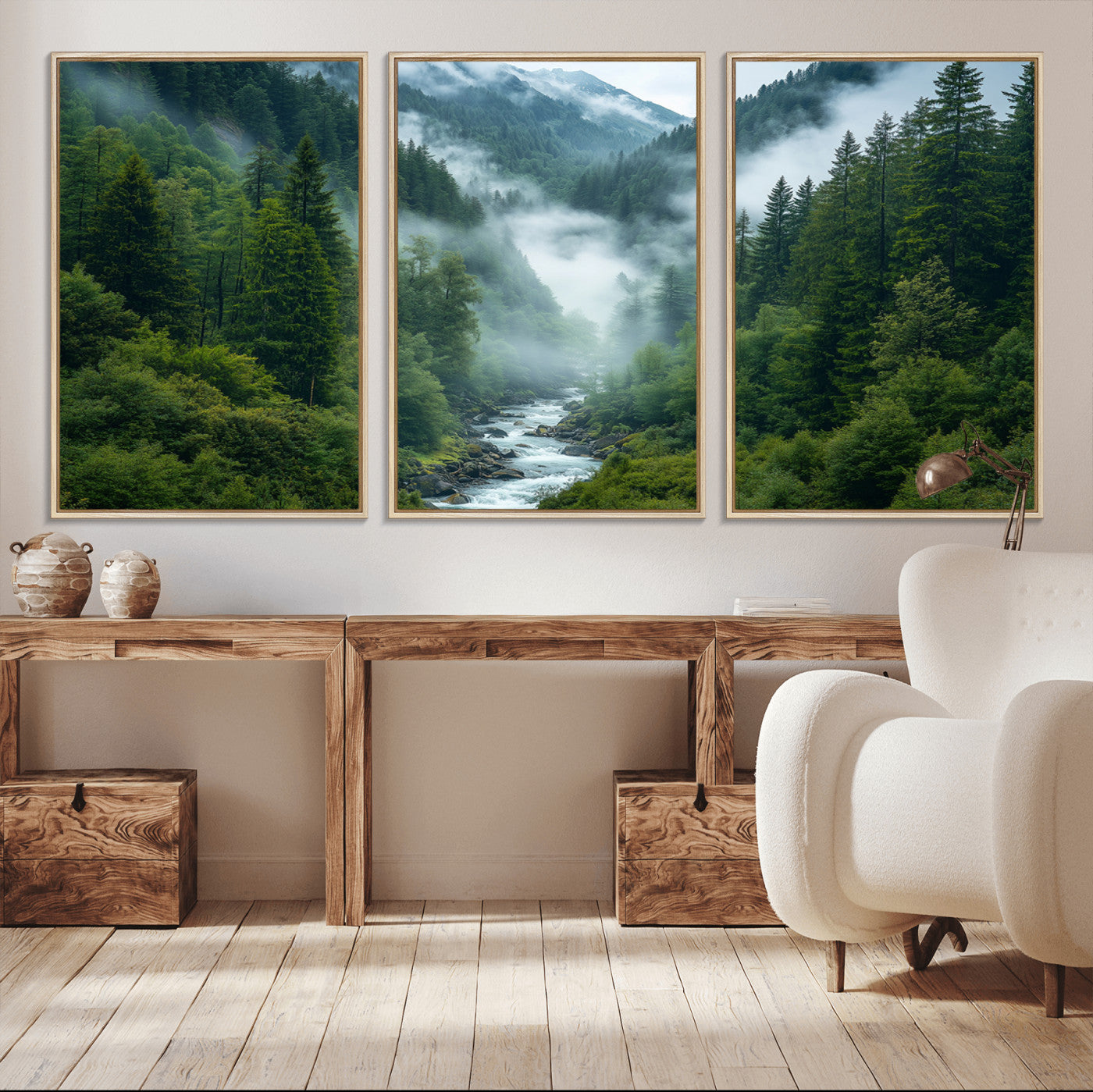 69453-MGV-CV-36X24-Mountain Forest Wall Art – Misty River and Evergreen Landscape Canvas Print, Nature Photography Poster for Living Room, Bedroom,