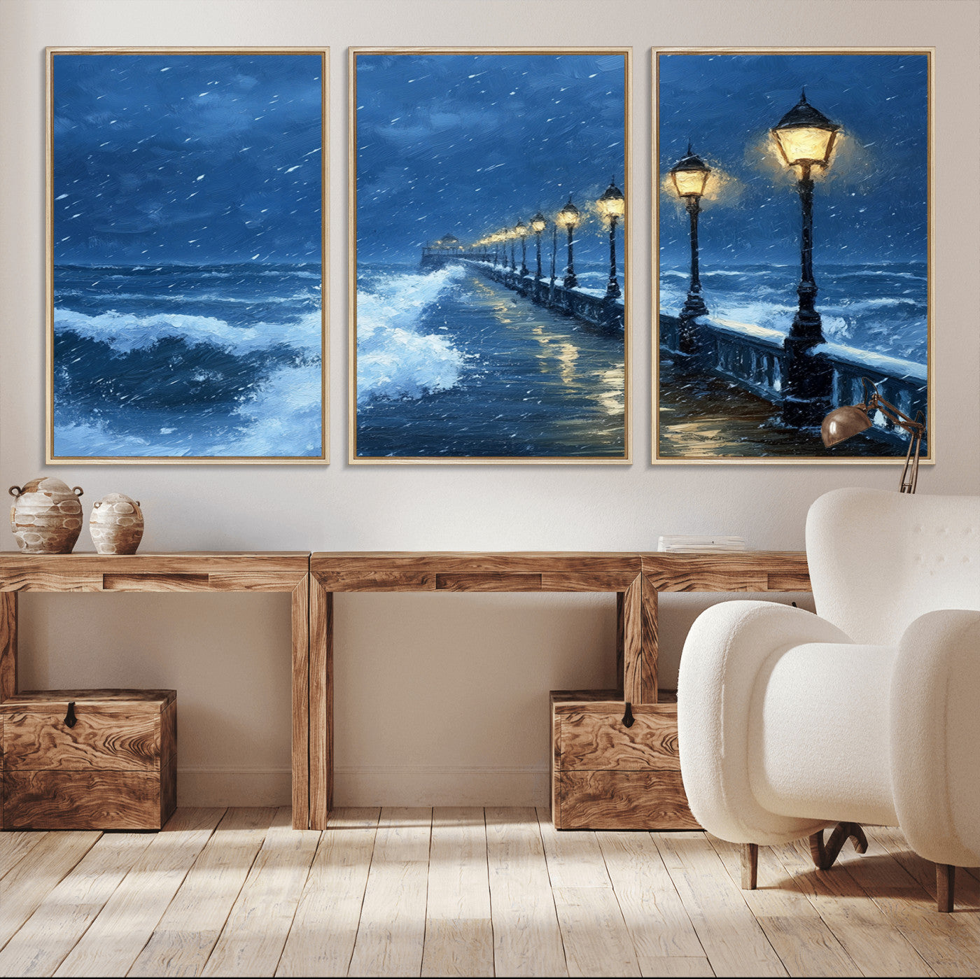 32668-MGV-CV-36X24-Stormy Pier Wall Art – Ocean Waves and Street Lamps Canvas Print, Rainy Night Seascape Oil Painting Poster for Living Room,