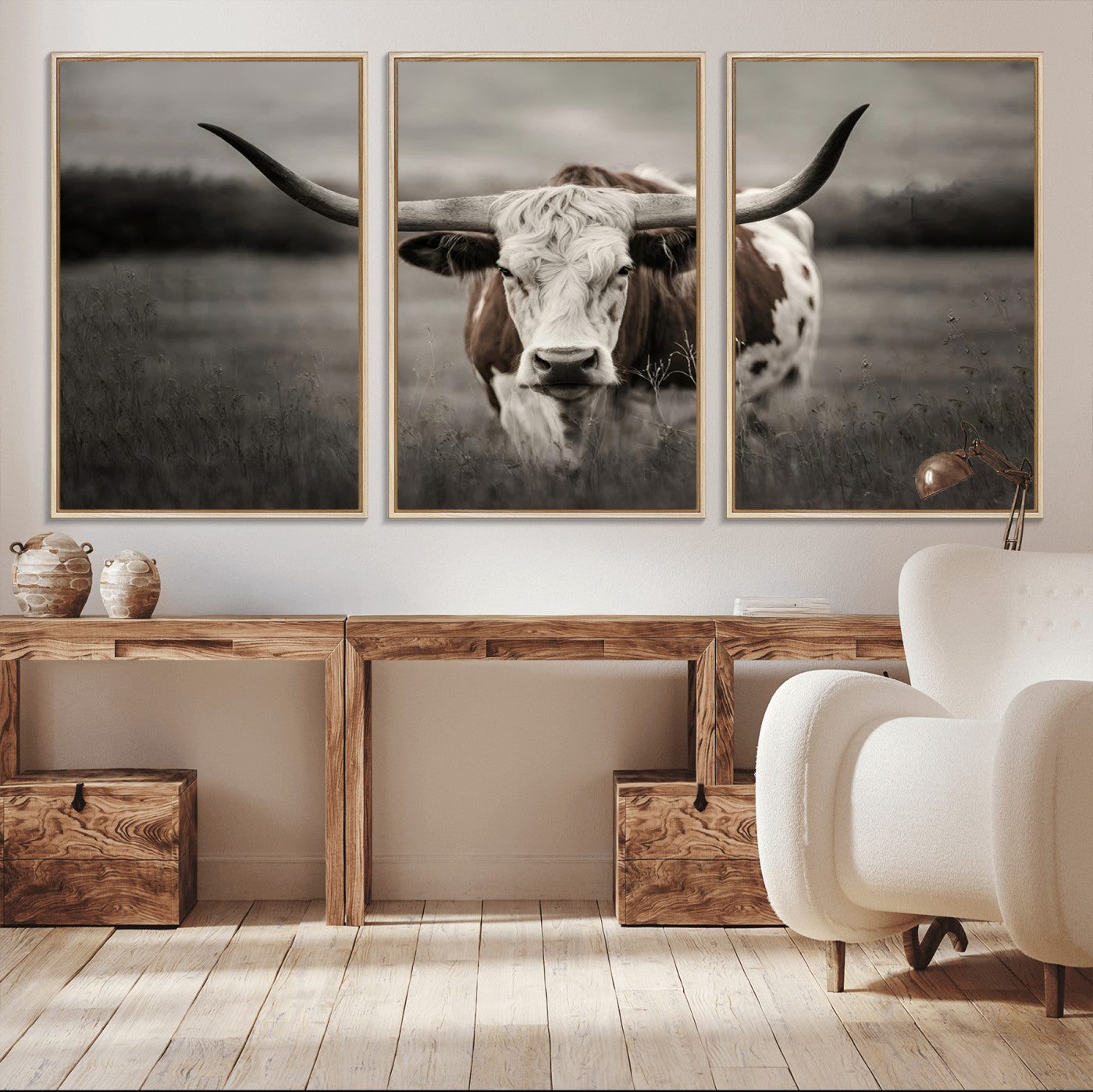 69238-MGV-CV-36X24-Longhorn Bull Wall Art – Rustic Black and White Texas Cattle Canvas Print, Western Farmhouse Animal Photography for Living Room,