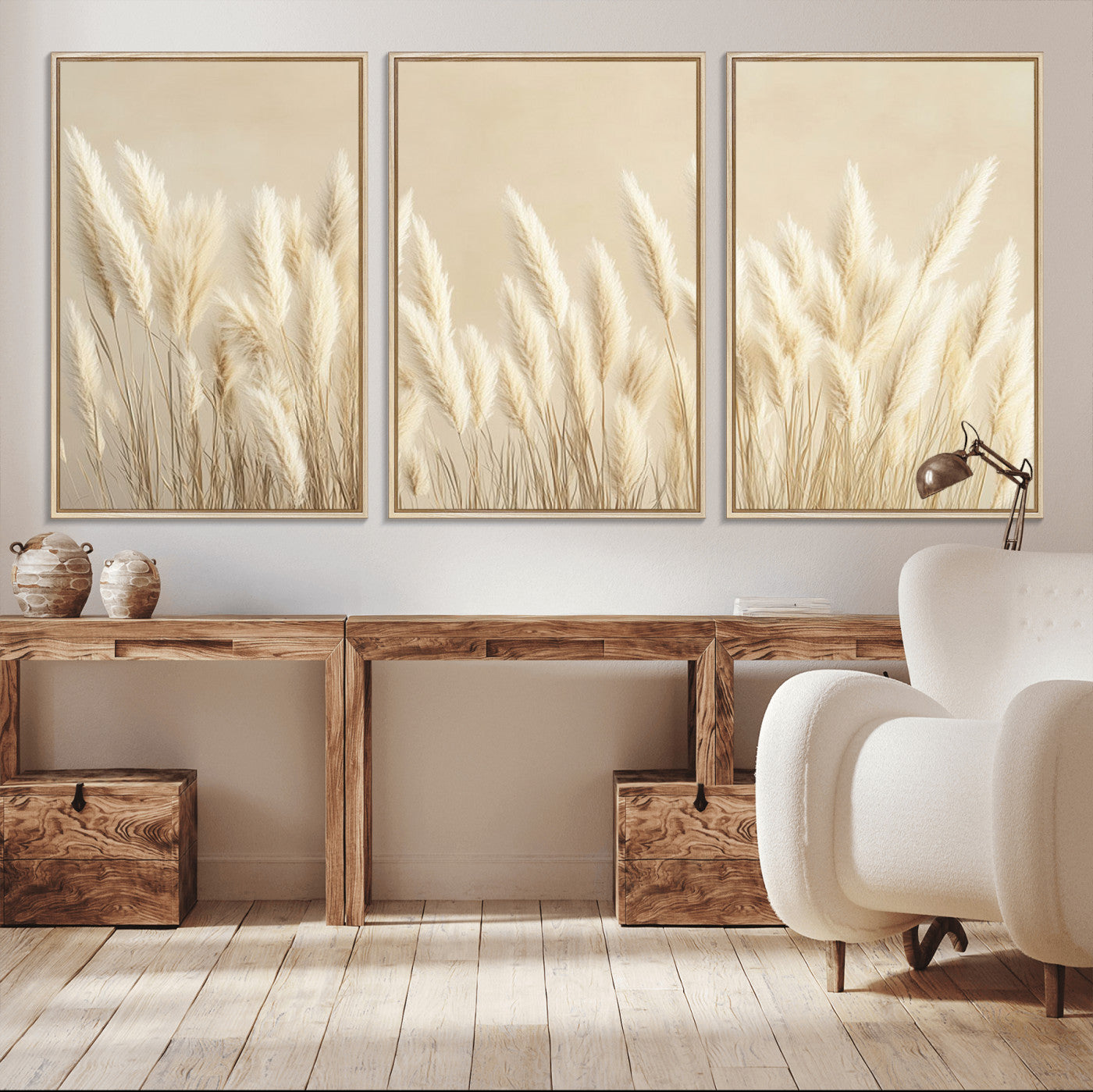 81444-MGV-CV-36X24-Pampas Grass Wall Art Canvas Print, Framed Beige Pampas Grass Art Picture Print, Minimalist Beige Perfect Minimalist Nature Decor