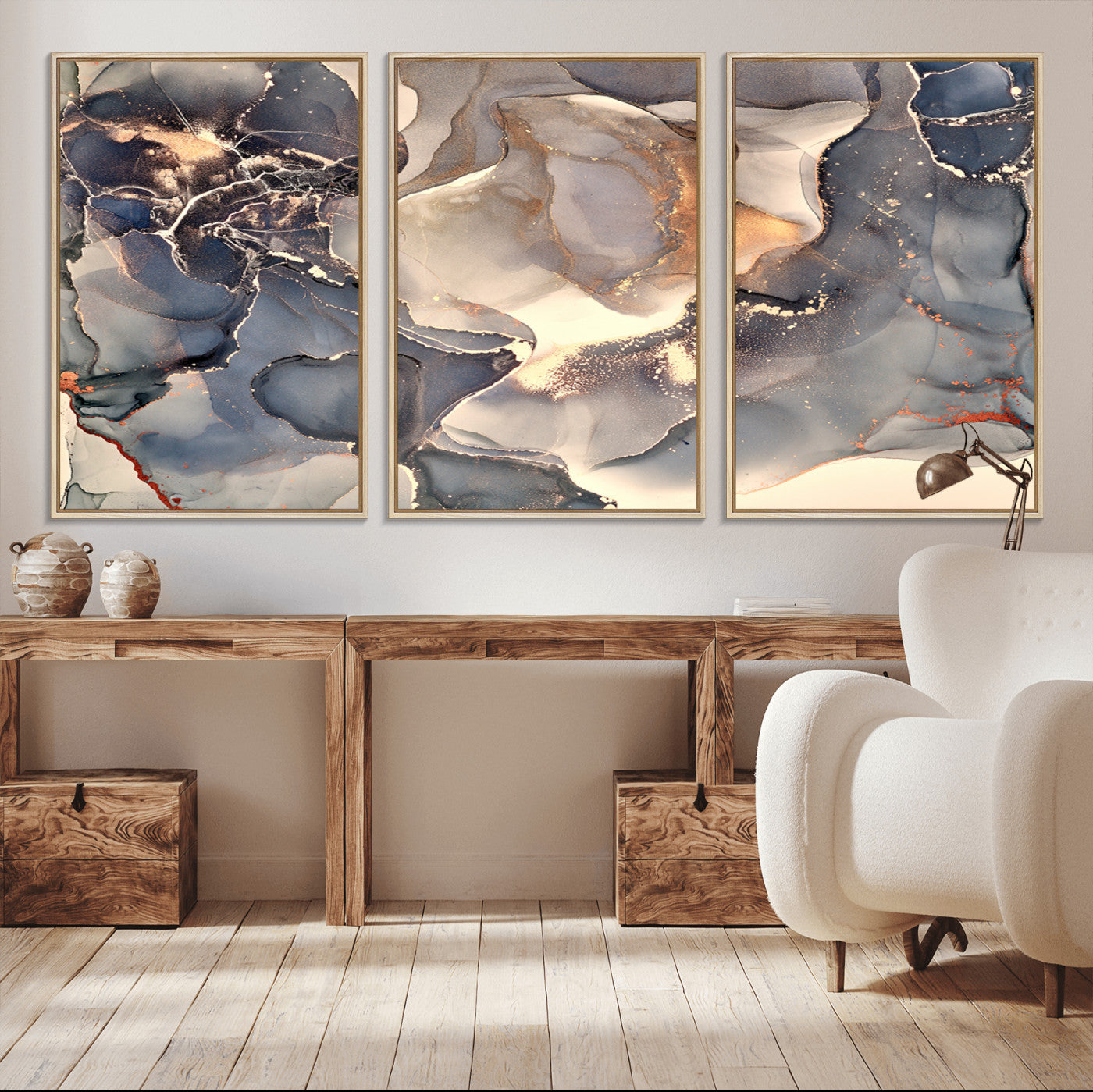 18202-MGV-CV-36X24-Abstract Neutral Wall Art – Blue, Beige and Gold Fluid Ink Canvas Print, Modern Minimalist Painting for Living Room, Office