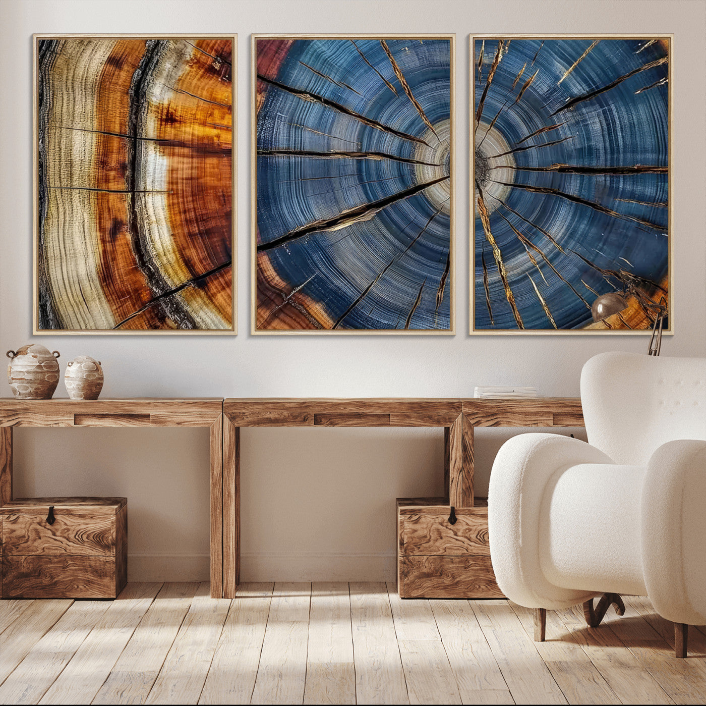 10583-MGV-CV-36X24-Tree Ring Wall Art – Abstract Wood Grain Canvas Print with Blue and Brown Tones, Nature Inspired Rustic Artwork for Living Room,