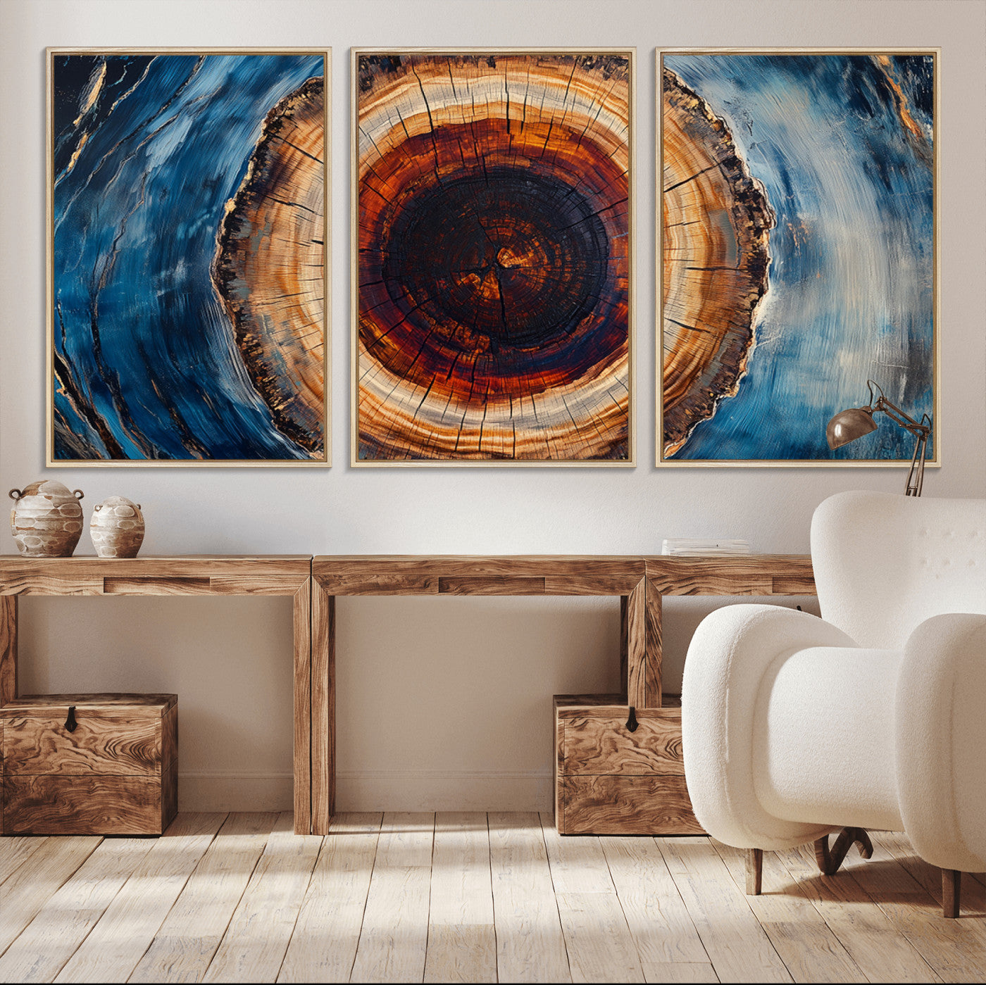 30457-MGV-CV-36X24-Tree Ring Wall Art – Abstract Wood Grain Canvas Print with Brown and Blue Swirl, Rustic Nature Inspired Artwork for Living Room,